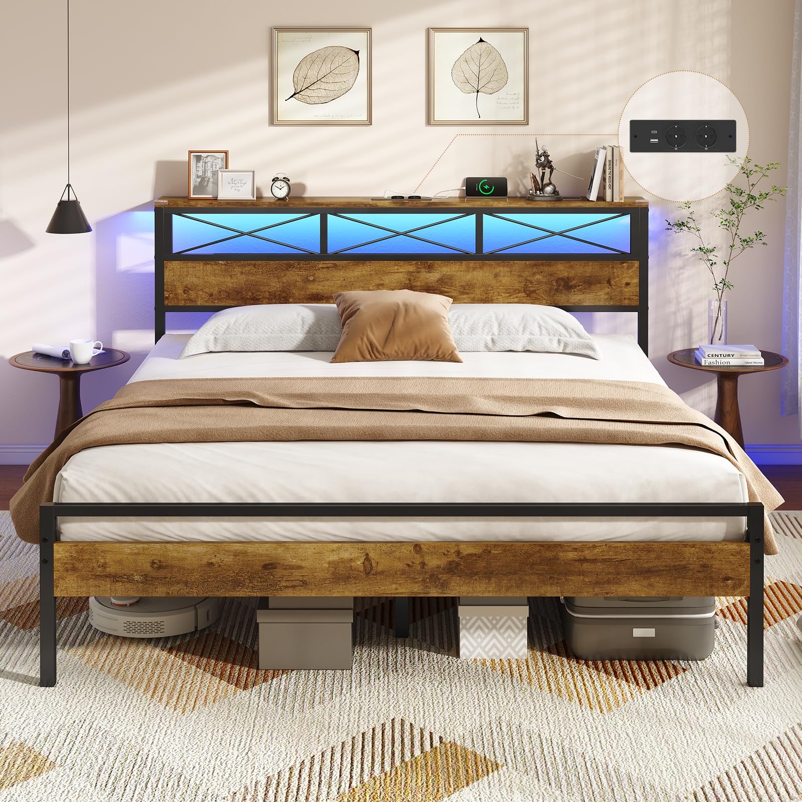 DICTAC Lit 160x200 avec Multiprise et Éclairage LED, Lit 2 Personnes avec Tête de Lit Rangement, Cadre de lit 160x200 en métal, Marron Vintage- Montage Facile