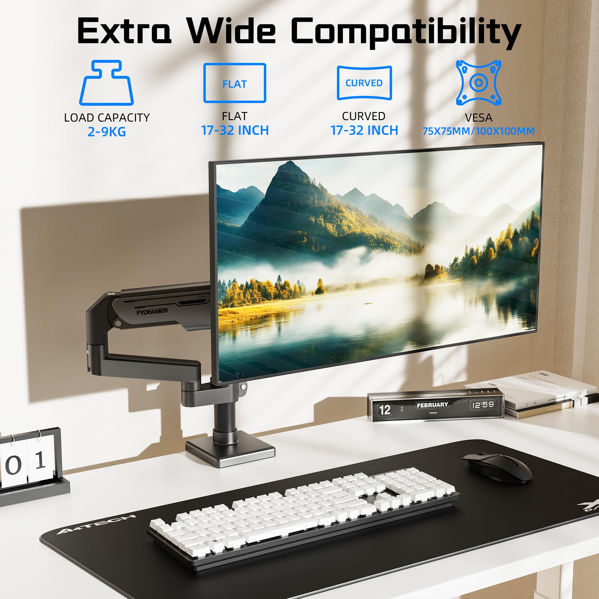 Fydeamer Supporto per monitor a molla a gas singola, braccio per monitor da 17-32 pollici a 9 kg, supporto per schermo con regolazione in altezza e inclinazione, supporto da scrivania VESA con due