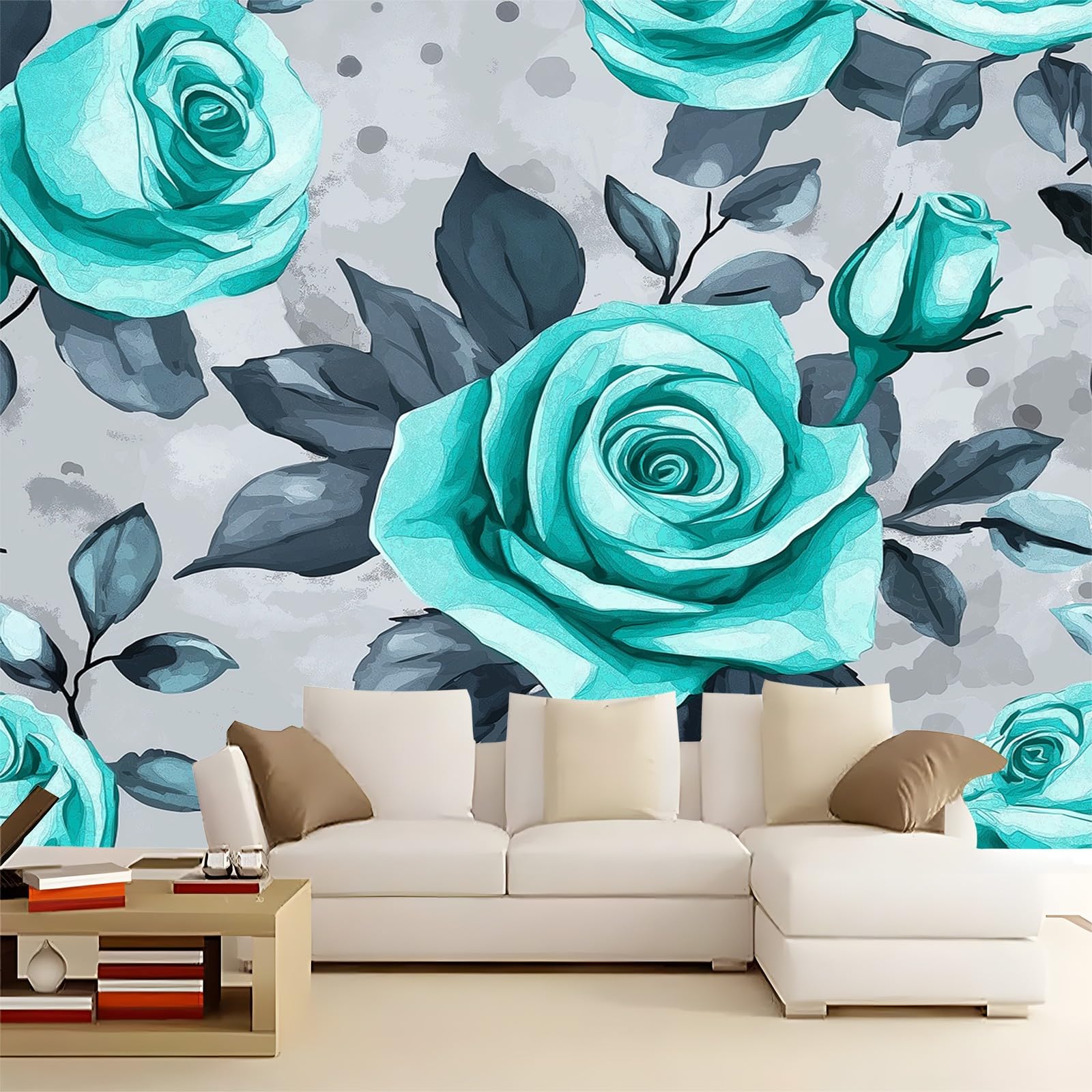 Panoramiczna tapeta abstrakcyjne kwiaty geometria cyjan szary 300 x 210 cm (szer. x wys.), gigantyczny plakat ścienny 3D nowoczesna tapeta dekoracja ścienna salon sypialnia sypialnia sypialnia biuro