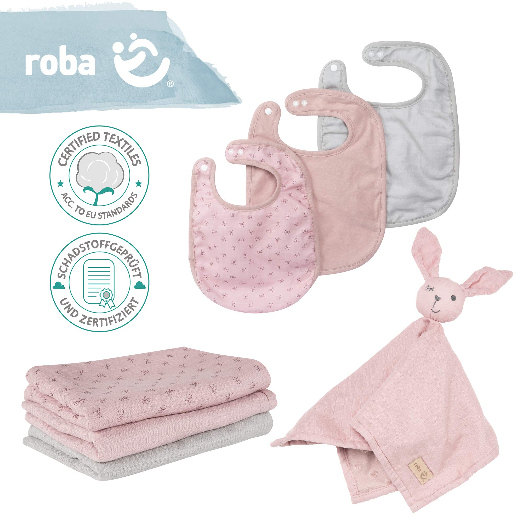 roba Set Regalo Baby Essentials Lil Planet - 3 Bavaglini in Jersey e Mussola - 1 Morbido DouDou - Panno Doppio Strato - 3 Lenzuolini - 80% Cotone e 20% Poliestere - Rosa