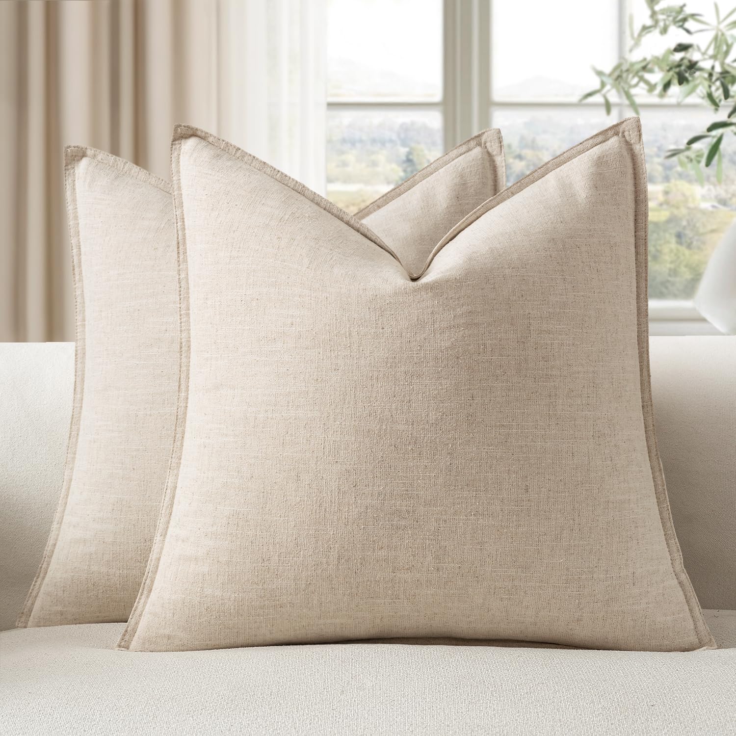 Photo 1 of EMEMA Decorative Linen Throw Pillow Covers 26x26 Inch Natural Beige Boho Farmhouse Neutral Couch Throw Pillows for Bed Pack of 2 Accent Pillowcase Modern Sofa Cushion Livingroom Home