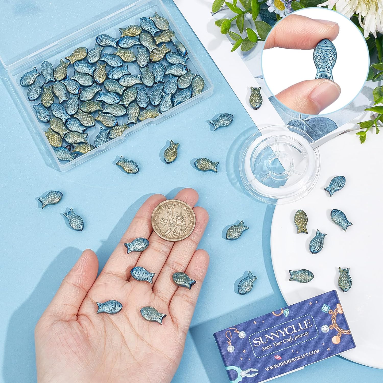 SUNNYCLUE 1 Box 100Pcs Fish Beads Bulk Glass Fish Bead Charm Summer Sea Ocean Animal Spacer Beads Double Sided Small Fish Loose Bead for Jewelry Making Beading Kit Elastic Thread DIY Bracelet Craft - Image 3