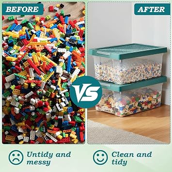 Storage Bins with Lids for Lego, Cube Kids Toy Box with Removable Tray Building Baseplate and Lid Stackable Plastic Boxes Organiser Craft Containers for Building Blocks Bricks Puzzle