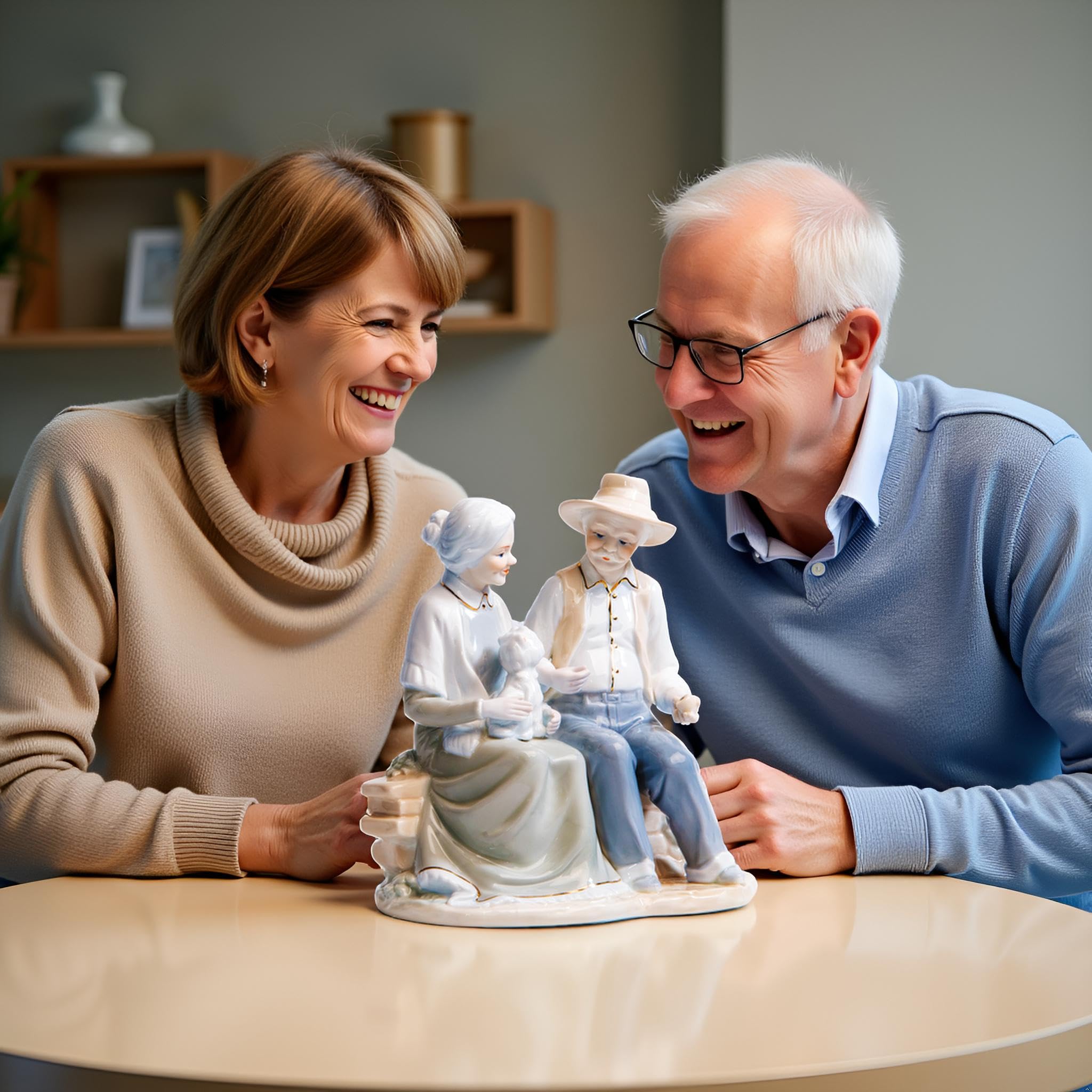 Figuras de porcelana hablando y escuchando en taburete, estatua esculpida, artesanías, artículos de arte, escultura, decoración del hogar (adorno, decoración, regalo)