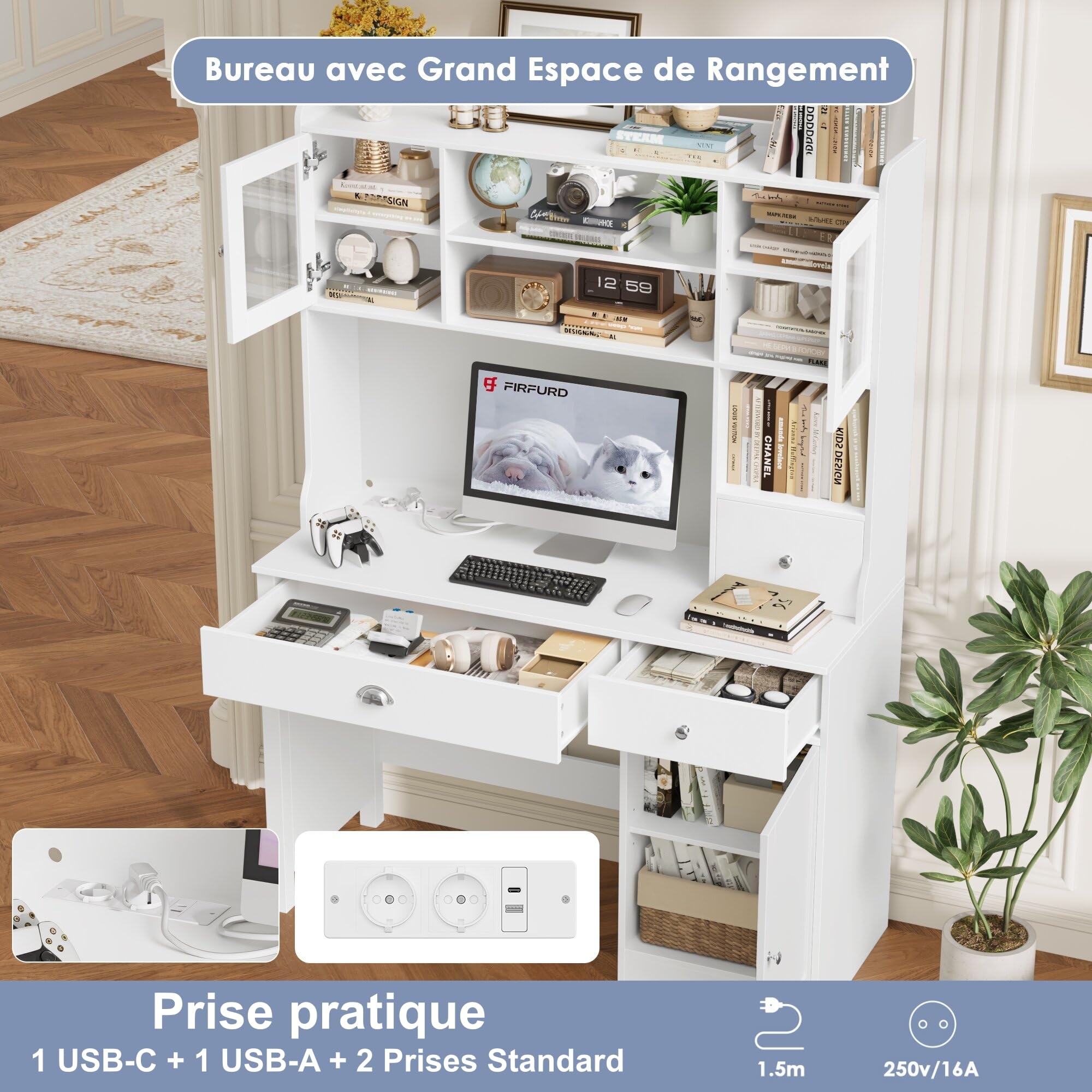 FirFurd Bureau Blanc avec LED Bureau avec Rangement avec Prises/Type-C/USB