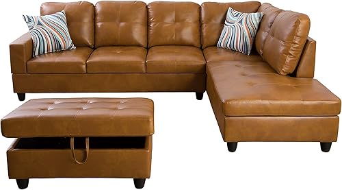 Miniatura 60 de Sofá modular contemporáneo con diván y otomana de almacenamiento, 3 piezas en forma de L, tapicería de piel sintética, cojines de espuma Jengibre