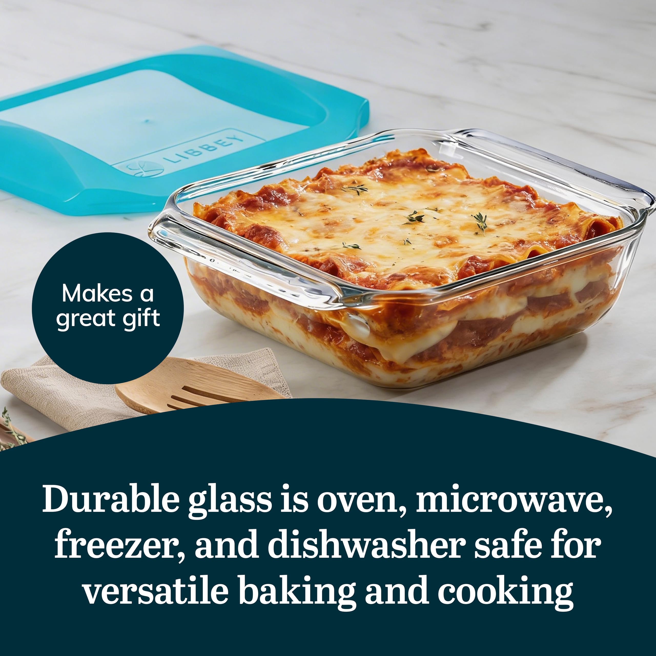 Libbey Baker's Premium 20,3 x 20,3 cm Glas-Backform mit Deckel, stapelbare Backformen mit GreatGrip-Griffen, langlebige quadratische Auflaufformen mit Deckel, 20,3 x 20,3 cm
