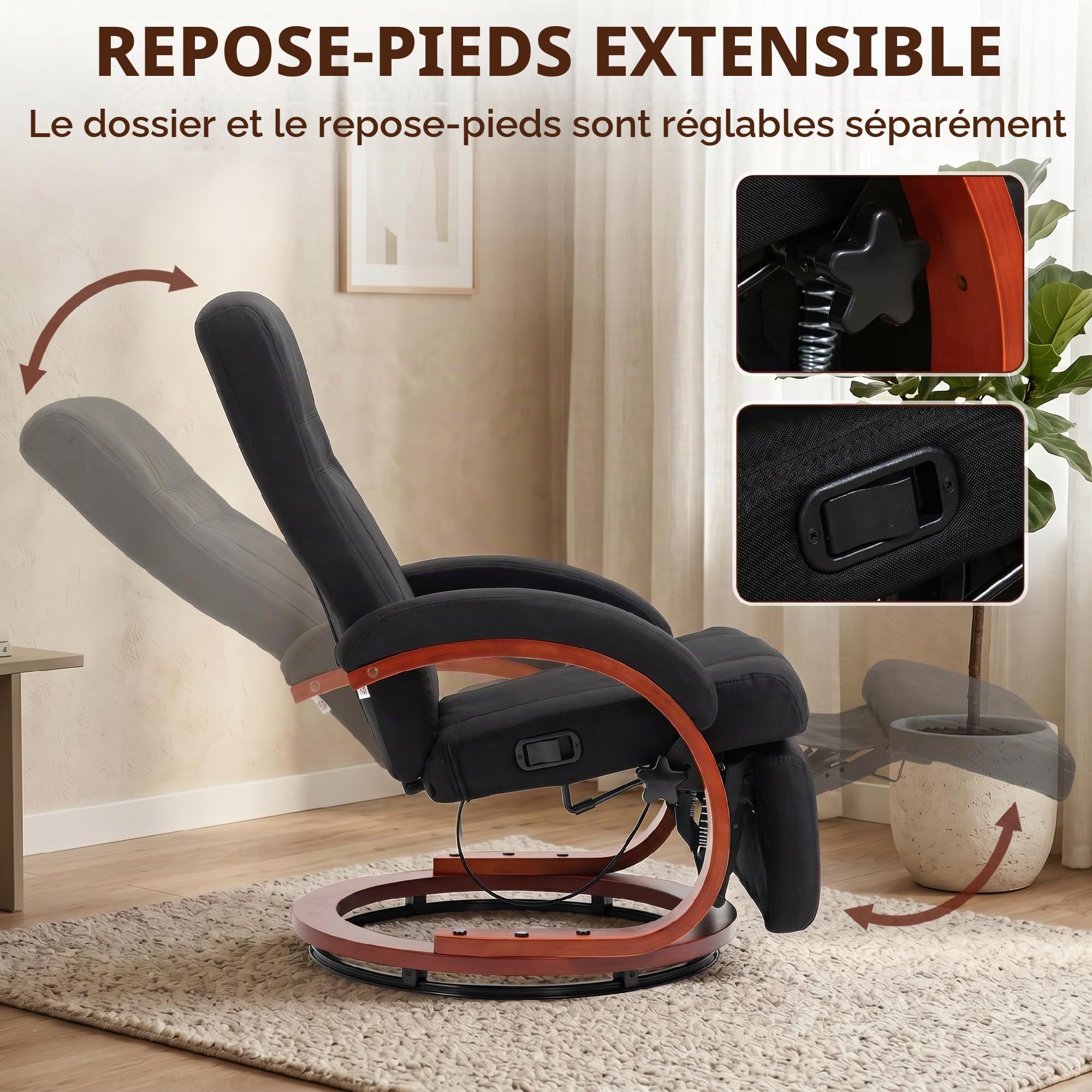 HOMCOM Fauteuil Relax avec Dossier Haut, Noir