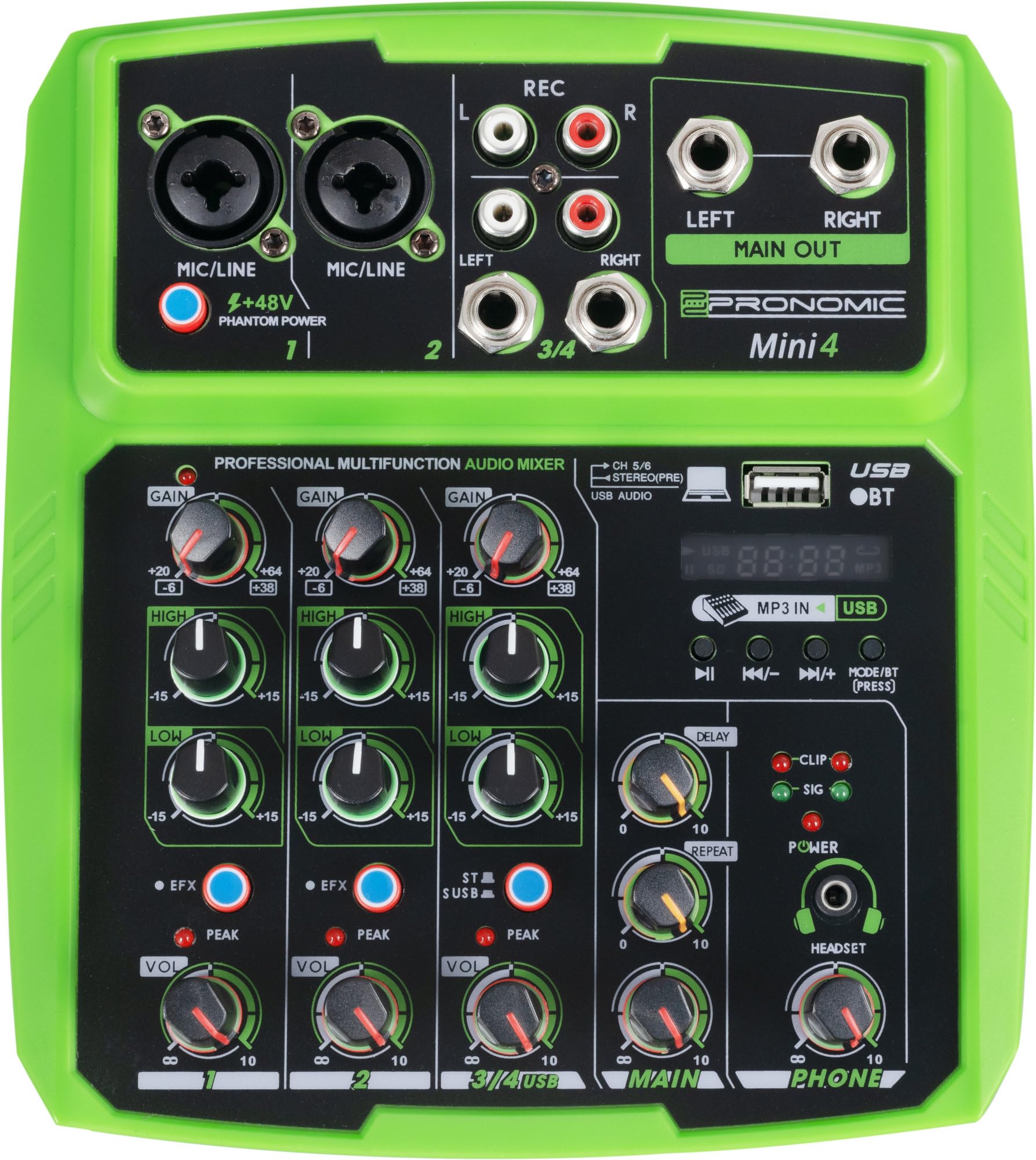 Pronomic Mini4 Mixer USB - Mixer 4 Canali Alimentato via USB - 2 Canali con Combo Jack - Ingresso Stereo - Media Player/Recorder con Bluetooth e USB - Interfaccia Audio - Verde