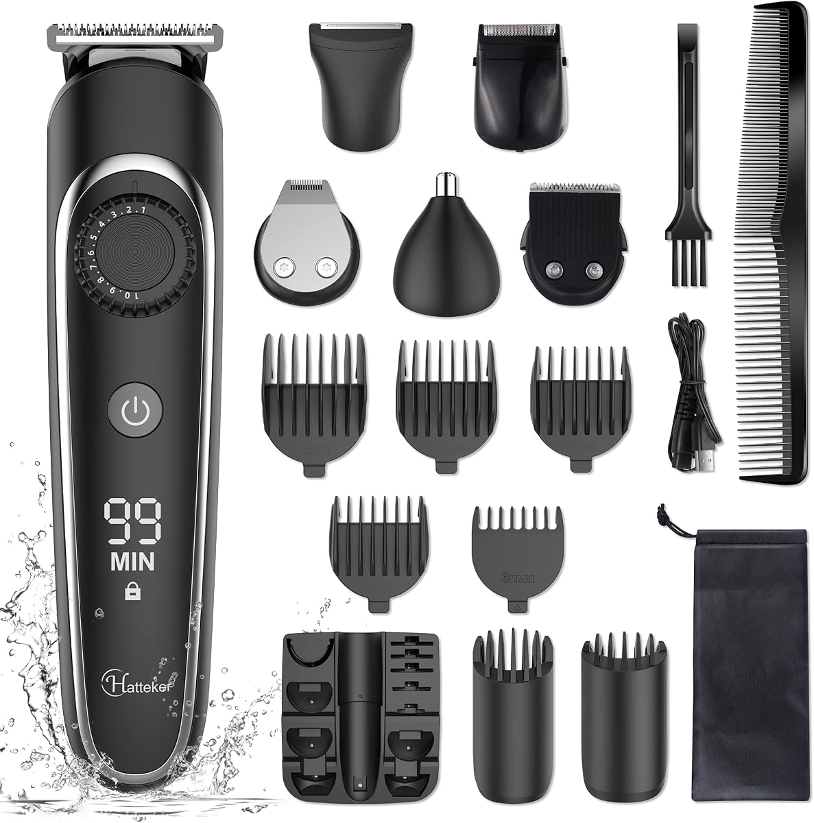 Hatteker Beard Trimmer Hair Clipper Hair Trimmer Grooming Kits Electric Shaver Razor for Men Mustache Nose Ear Body Precision Groomer Multigroom IPX7 Waterproof Cordless Rechargeable 6 in 1