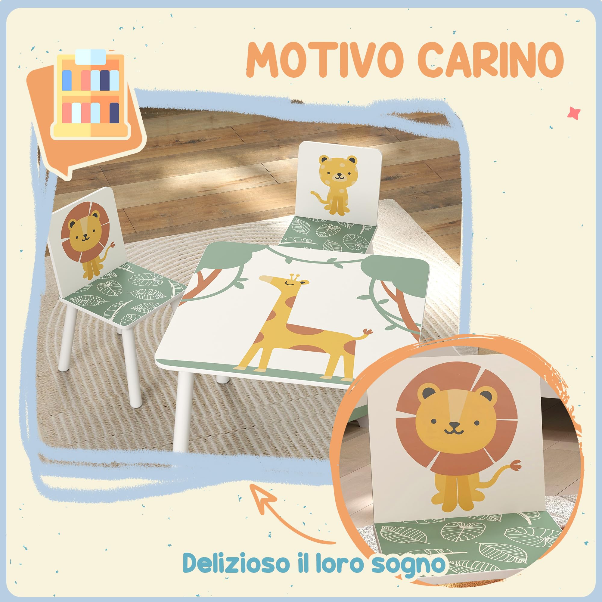 AIYAPLAY Set da 3 Pezzi con Tavolo per Bambini e 2 Sedie, Set di Arredo Cameretta e Salotto con Tavolino e Sedie per Bimbi da 3-8 Anni, Fantasia con Animali, Verde