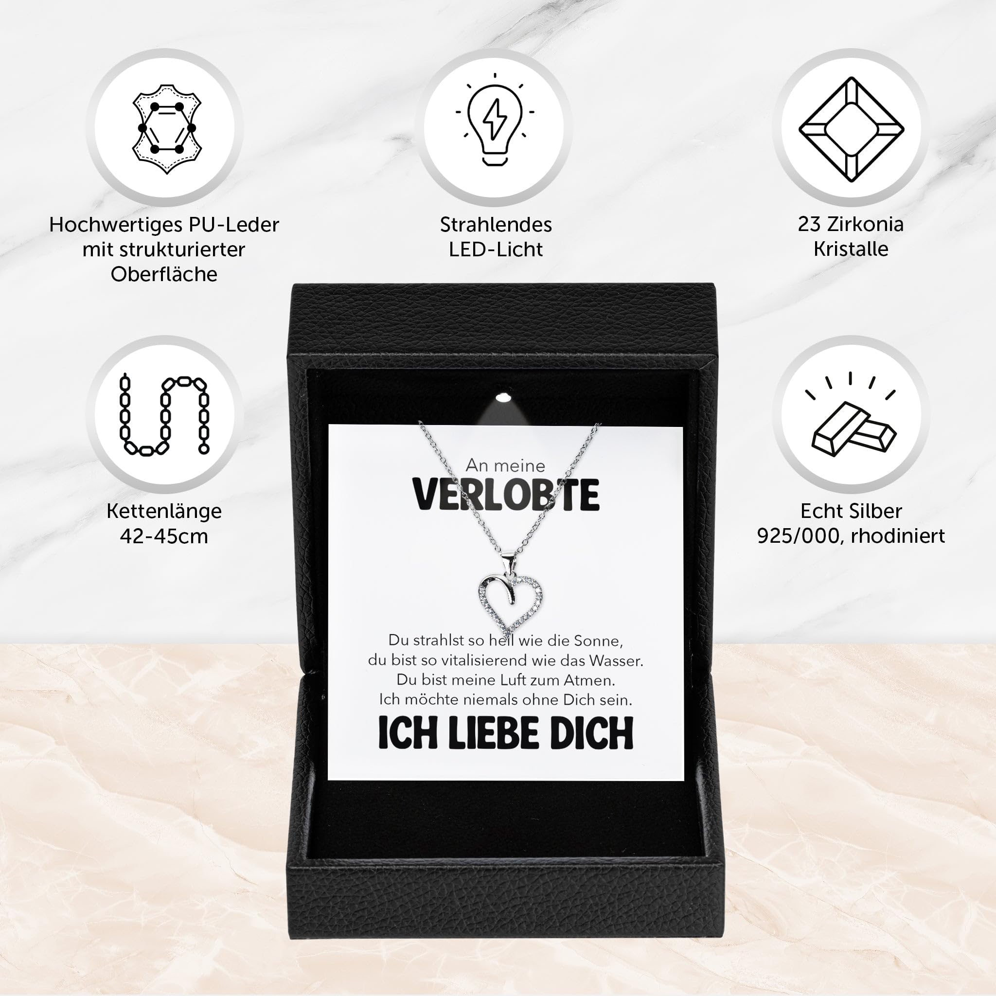 An Meine Verlobte Geschenk SET zur Verlobung Frisch Verlobt Heiratsantrag Frauen Herz Halskette Damen Schmuck 925/000 Silber Collier - Valentinstag Geburtstag (LED Etui)