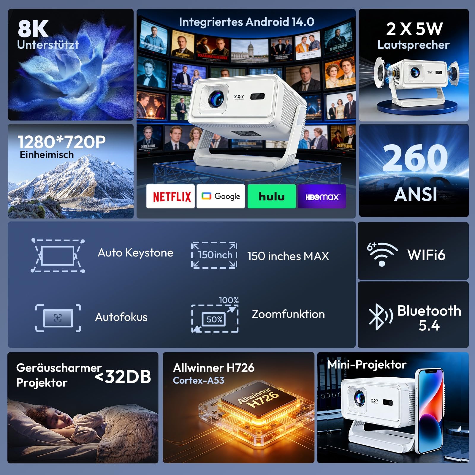 Xgody A1 Mini Beamer 260 ANSI Unterstützt 4K & 8K Heimkino Native 720P | 6D Auto-Trapezkorrektur, Autofokus, 180°Drehung, Android 14, WiFi 6 Bluetooth 5.4, tragbar Projektor für Handy, Schlafzimmer