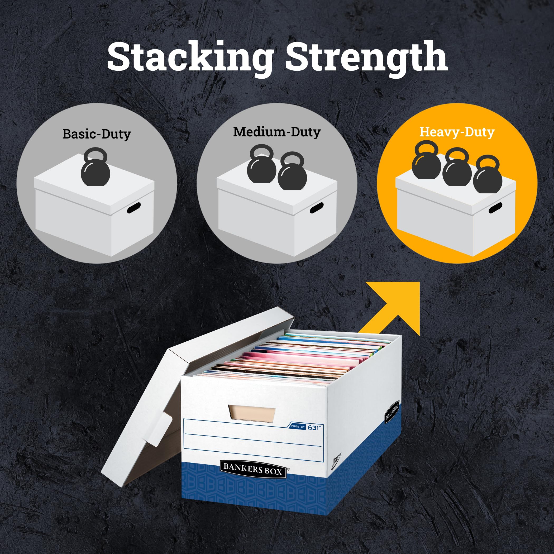 BANKERS BOX Presto - Paquete de 12 cajas de almacenamiento de archivos resistentes, montaje instantáneo, tapa de despegue, carta, blanco/negro