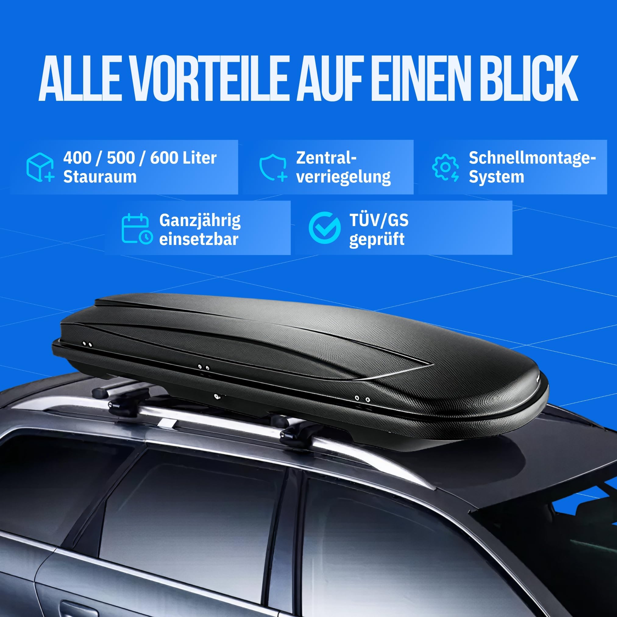 Skibox Ski Gepäckbox Dachbox Auto Dachkoffer - VDP Xtreme 500 - Volumen 500 Liter - Außenmaße: 225x83x39cm (LxBxH) - Ski und Snowboardbox - Autokoffer abschließbar