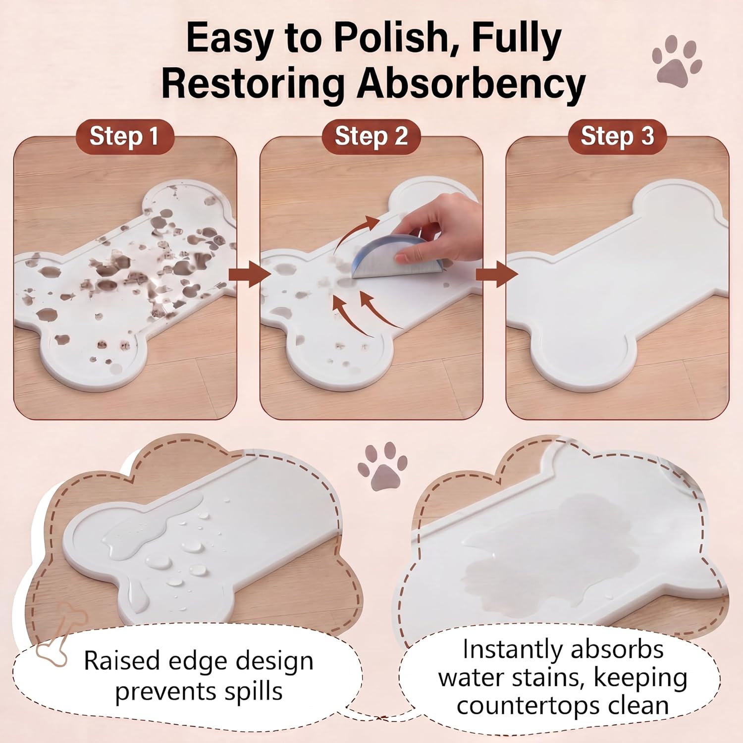 Stone Dry Mat for Pets, 16" x 10" Diatomaceous Earth Pet Feeding Mat, Water Bowls Quick Drying Tray for Pet Cat Dog, Non-Slip Waterproof Dog Cat Accessories for Messy Drinkers, Water Spills