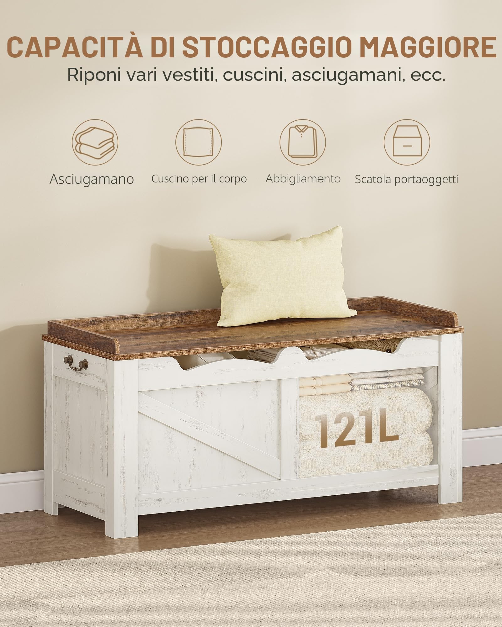 Hzuaneri Cassapanca 100 cm, Panca Contenitore da Interno, Panca Portaoggetti, Pouf Contenitore Rettangolare, 40 x 100 x 48 cm, per Corridoio, Camera da Letto, Soggiorno, Bianco Marrone SB04514B