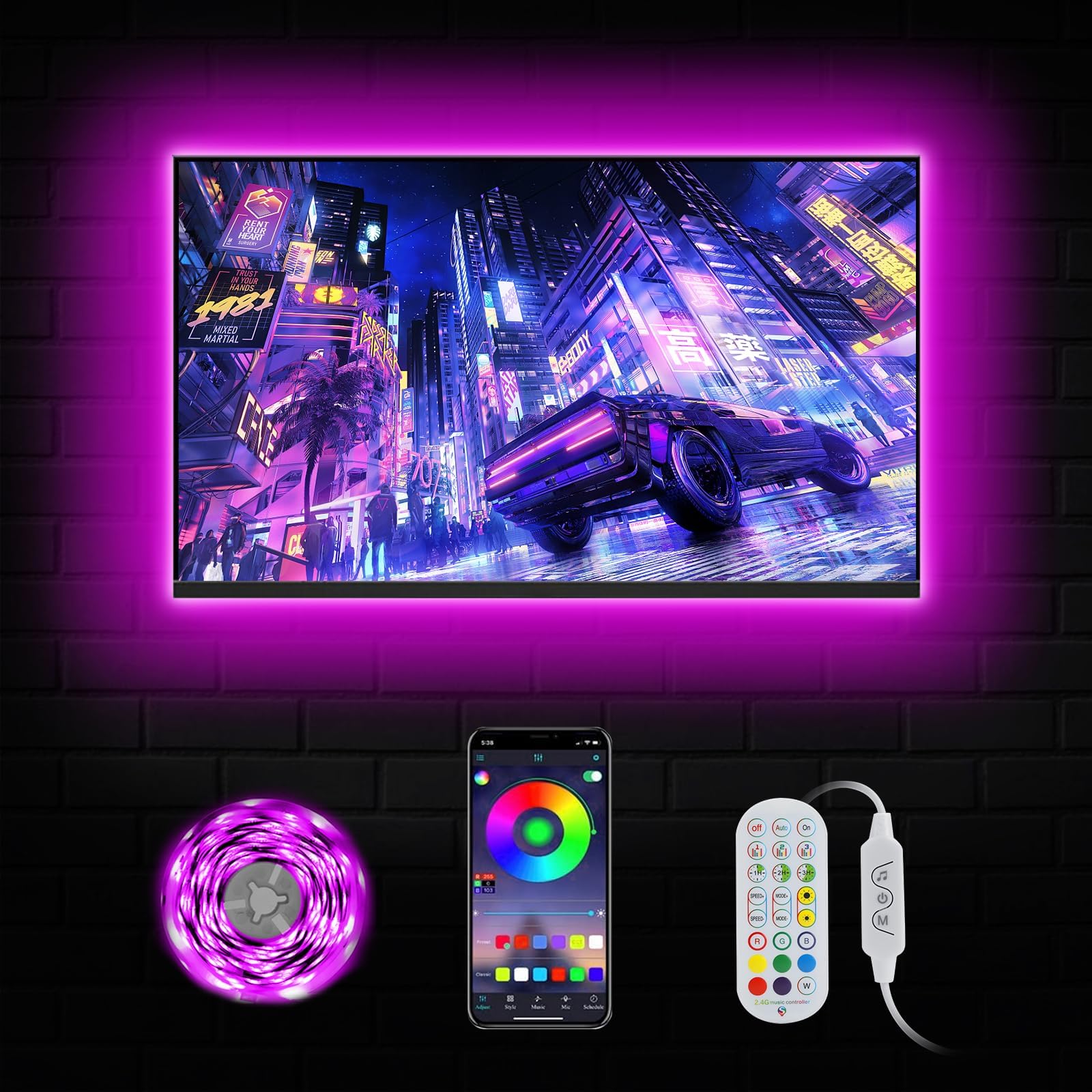 GIPTPLY LED TV Backlights, 9.84 ft USB Powered LED Lights for TV 32-60 inch, Led TV Light, RGB Color Changing LED Strip Lights TV Monitor Behind Lighting with Remote Music Sync Bluetooth APP Control