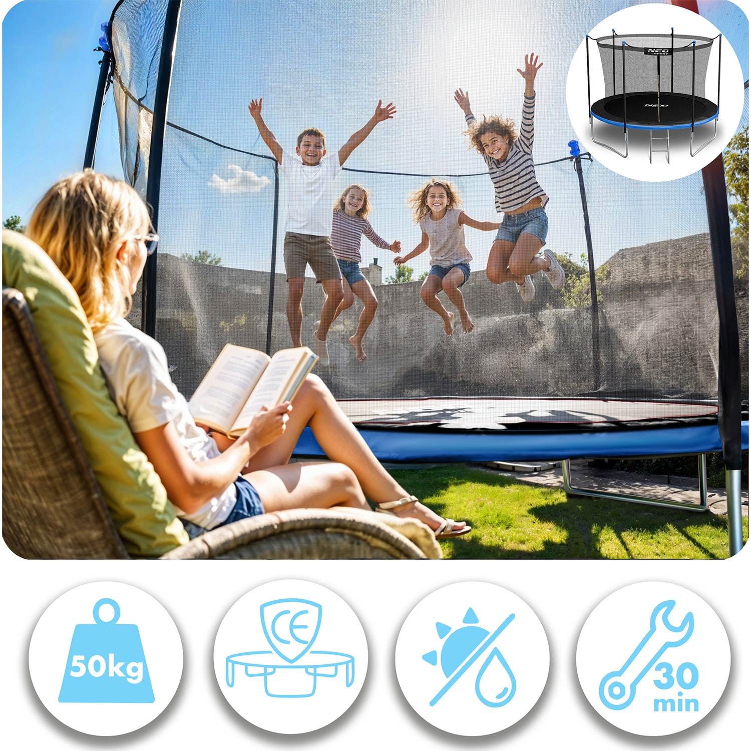 Neo-Sport Trampolin Outdoor Kinder Gartentrampolin Sicherheitsnetz Innen Leiter Gepolsterte Stangen Wetterfest Rostfrei Belastbar