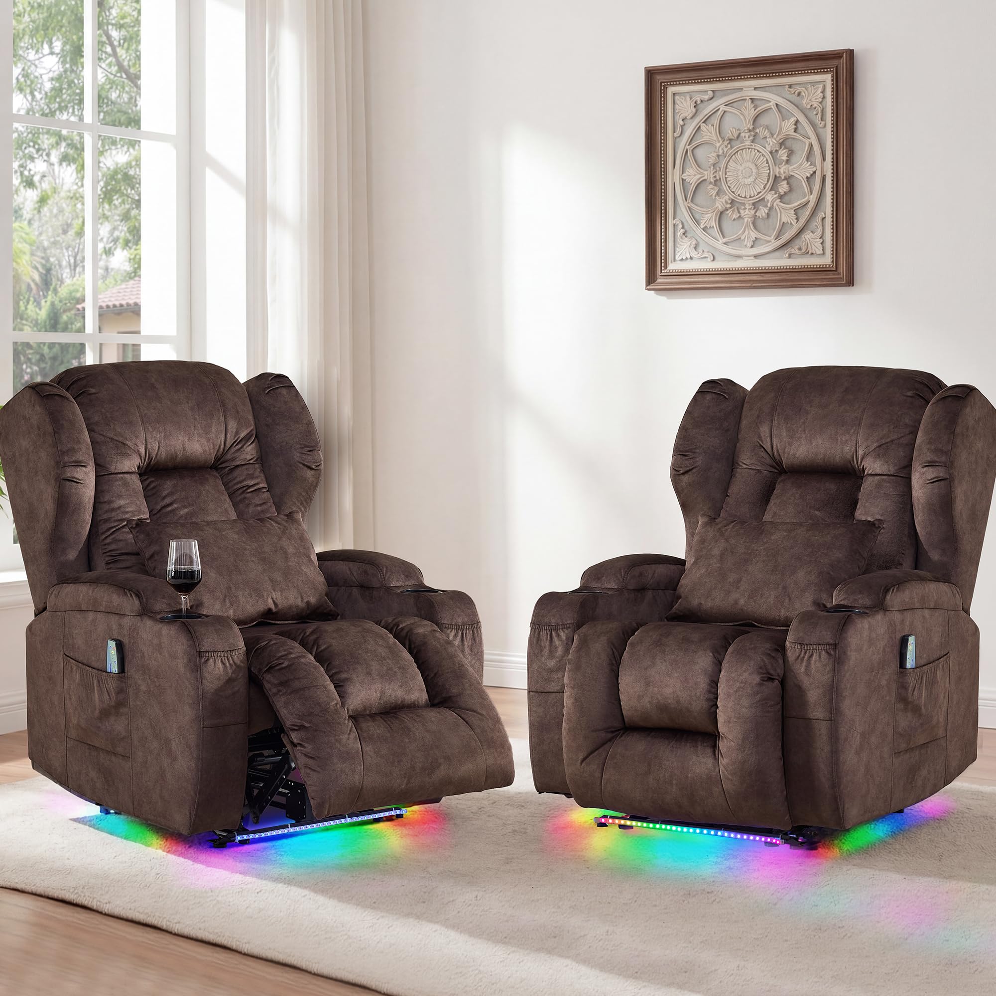 BINGTOO Power Recliner Chair with Massage &amp; Heat, Electric RV Wall Hugger Velvet Chair for Living Room, Home Theater with LED Lights, USB-C Ports &amp; Cup Holders, Velvet Brown, 2 Chairs
