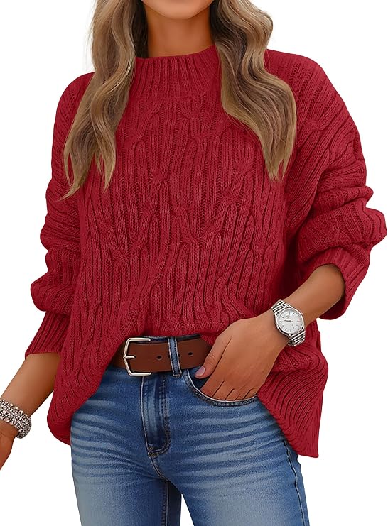 50%off on ANRABESS Womens Mock Neck Cable Knit Sweaters