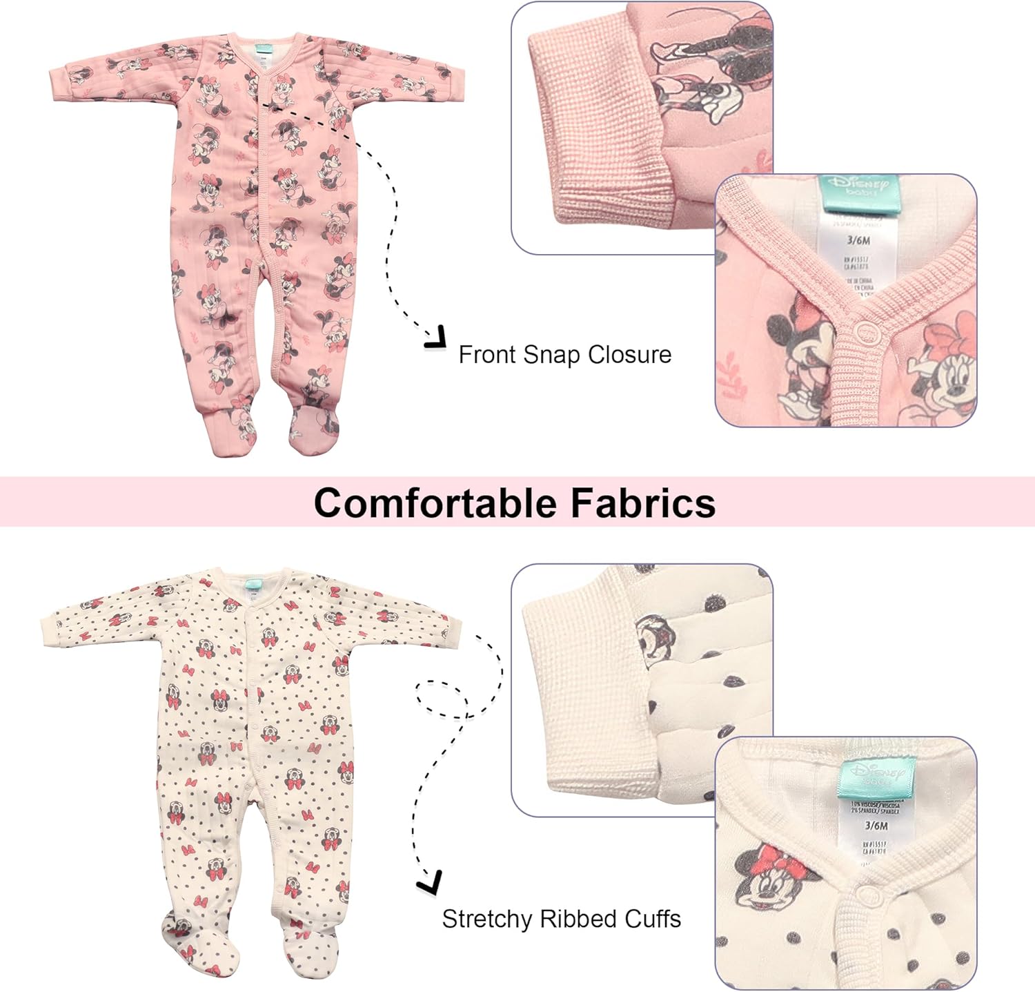Magic Threadz Disney Clothes Baby Girls 2-Pack Quilted Footie Coveralls - Minnie Mouse and Princess Bodysuits (0/3M-6/9M) - Image 6