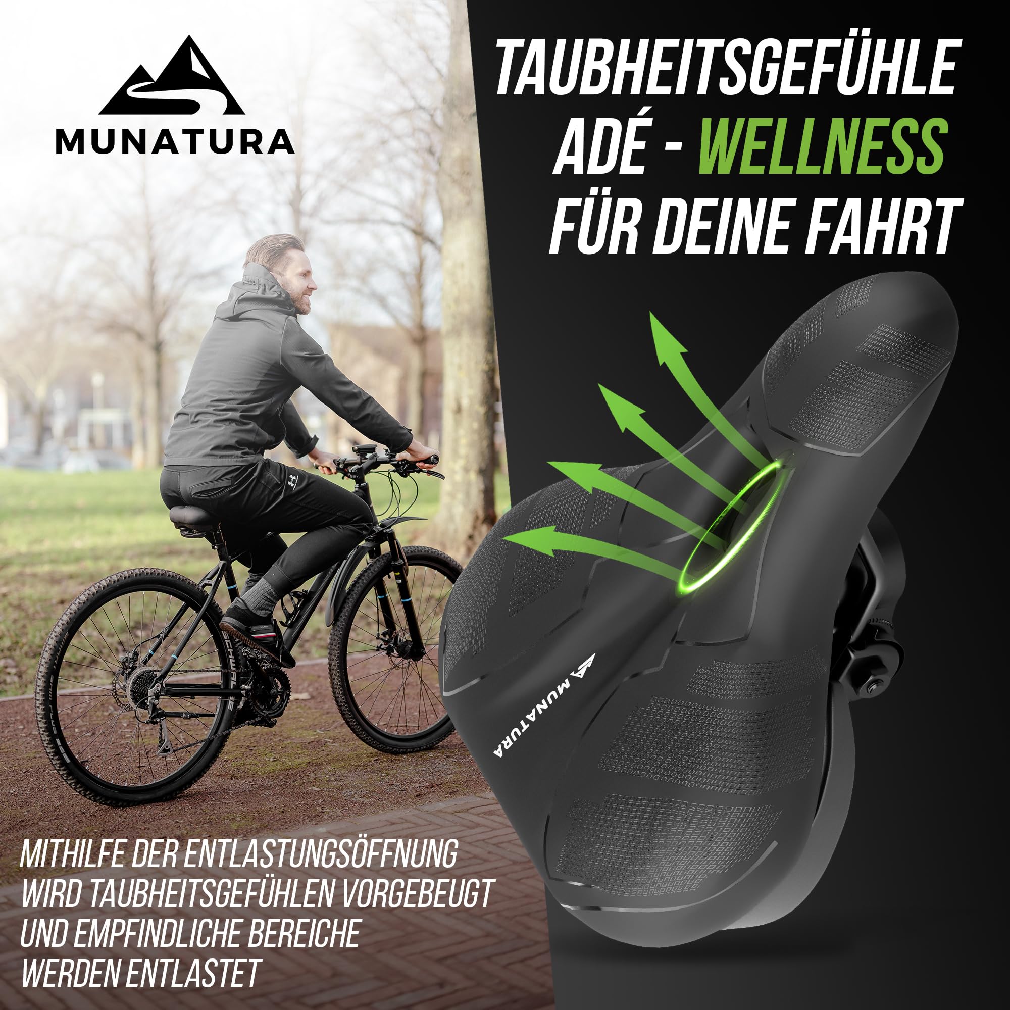 MUNATURA Premium Fahrradsattel – Extra Bequem & Ergonomisch – Mit Memory Foam & Federung, Wasserdicht & Stoßdämpfend – Perfekter Sattel für Herren & Damen, E-Bike & Citybike