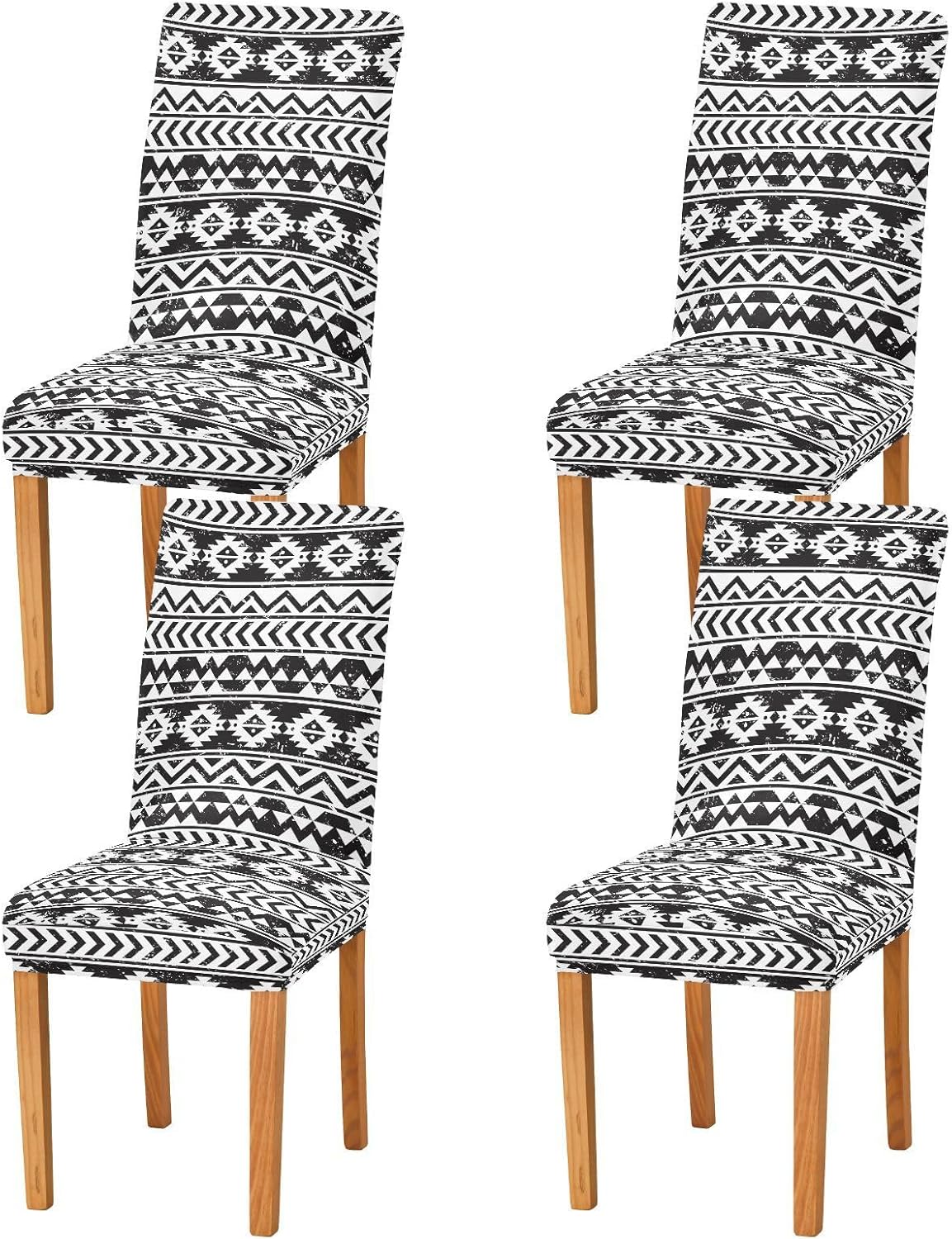 Aztec Tribe Pattern Black Stripe Dining Chair Covers Set of 4, Stretch Kitchen Chair Slipcover Washable Removable Chair Covers Protector for Dining Room, Hotel and Ceremony