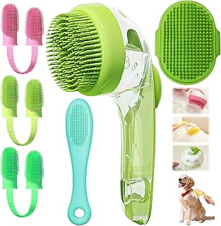 6Pcs Dog Bath Brush Set with Soap Dispenser - Cat Brush & Dog Toothbrush Kit | Silicone Pet Bathing Supplies for Washing, Shower & Shedding | Includes Finger Toothbrush, Scrubber for Small Breed