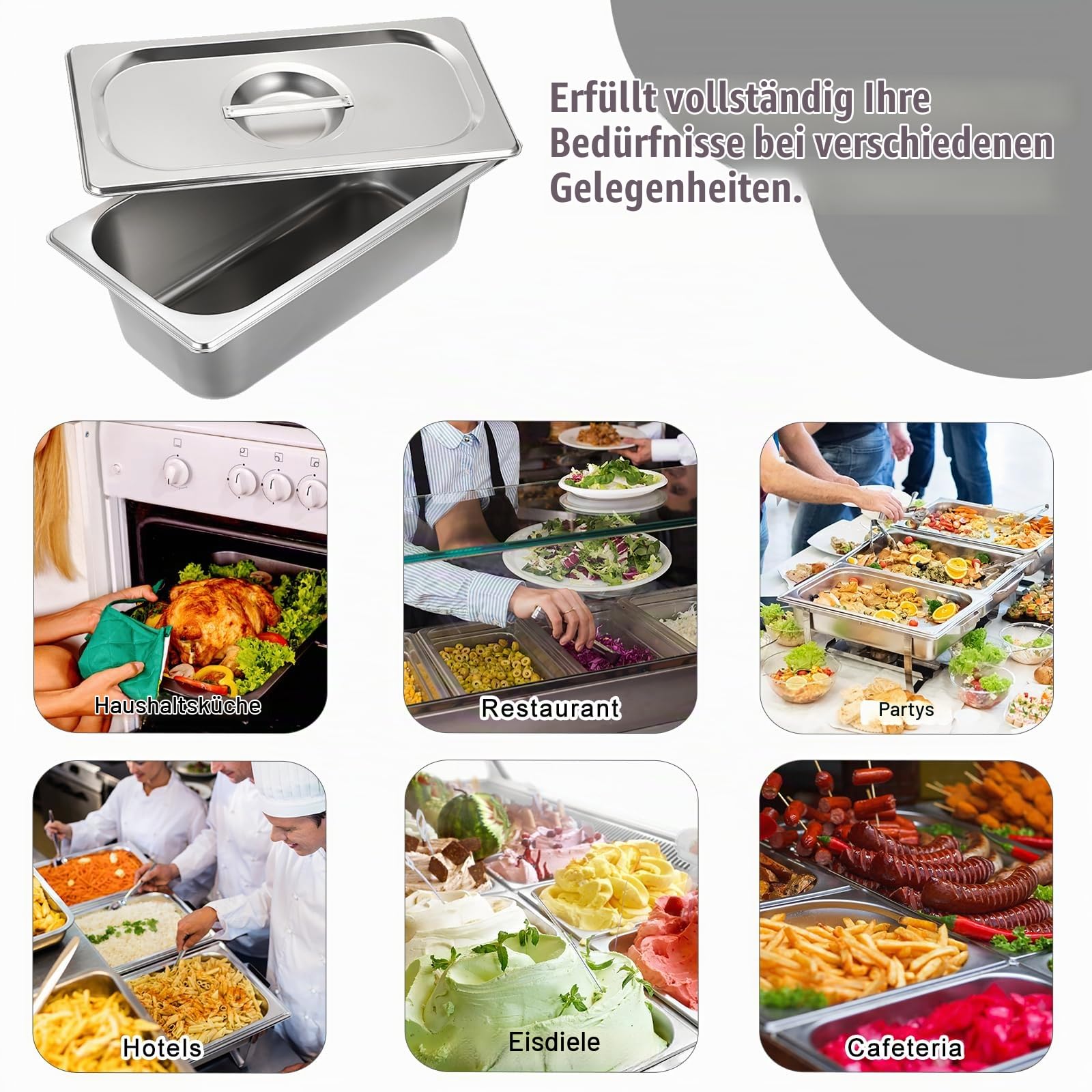 SUMNACON 4x1/3 Gastronormbehälter aus lebensmittelecht Edelstahl,Stapelbare Panierset mit Deckel,von -60° bis 400°C,Spülmaschinenfest Panierschalen für Schnitzel Fleisch Fisch Obst Eis Sauce 10cm hoch