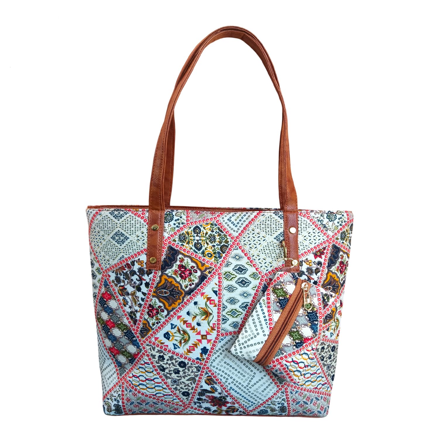 Women's Tote Bag With Leather Handles & Embroidery Printed Handbag With Zip Pockets, Shoulder Tote Bag And Handbag-image-24
