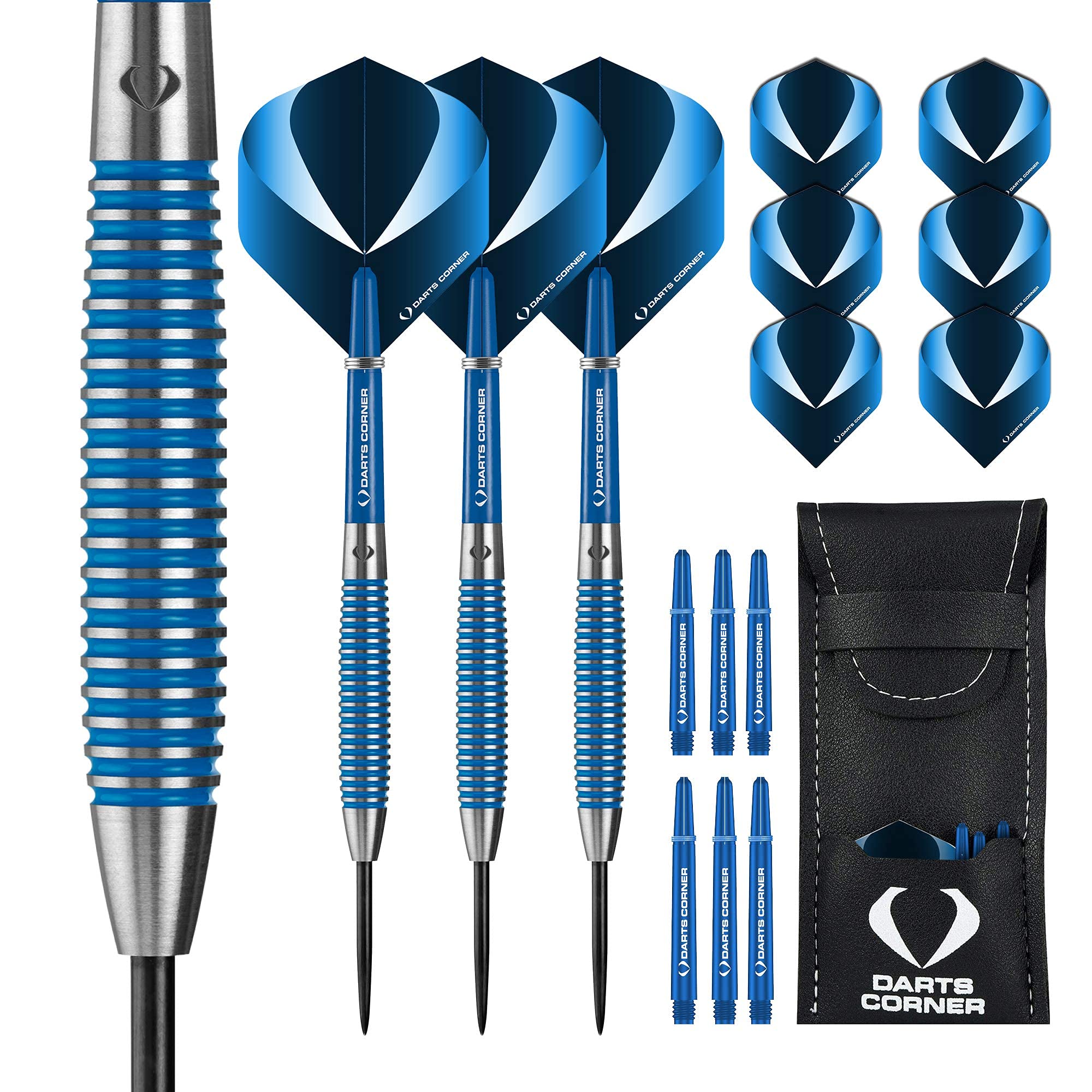 Darts D0779 Squadron | Jeu de fléchettes de qualité supérieure 90% tungstène avec Pointes en Acier Comprenant 3 ailettes Standard, 3 tiges, Protecteur de Pointe et Porte-Barre, M3, Bleu