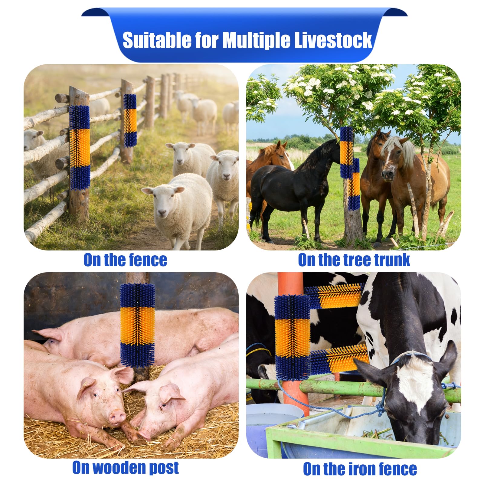 2 cepillos para caballos, cepillo para rascar ganado, cepillo de cabra, poste rascador de cabra, incluye 8 tornillos, rascador de ganado para caballos, vacas, cabras y cerdos, promueve la limpieza y