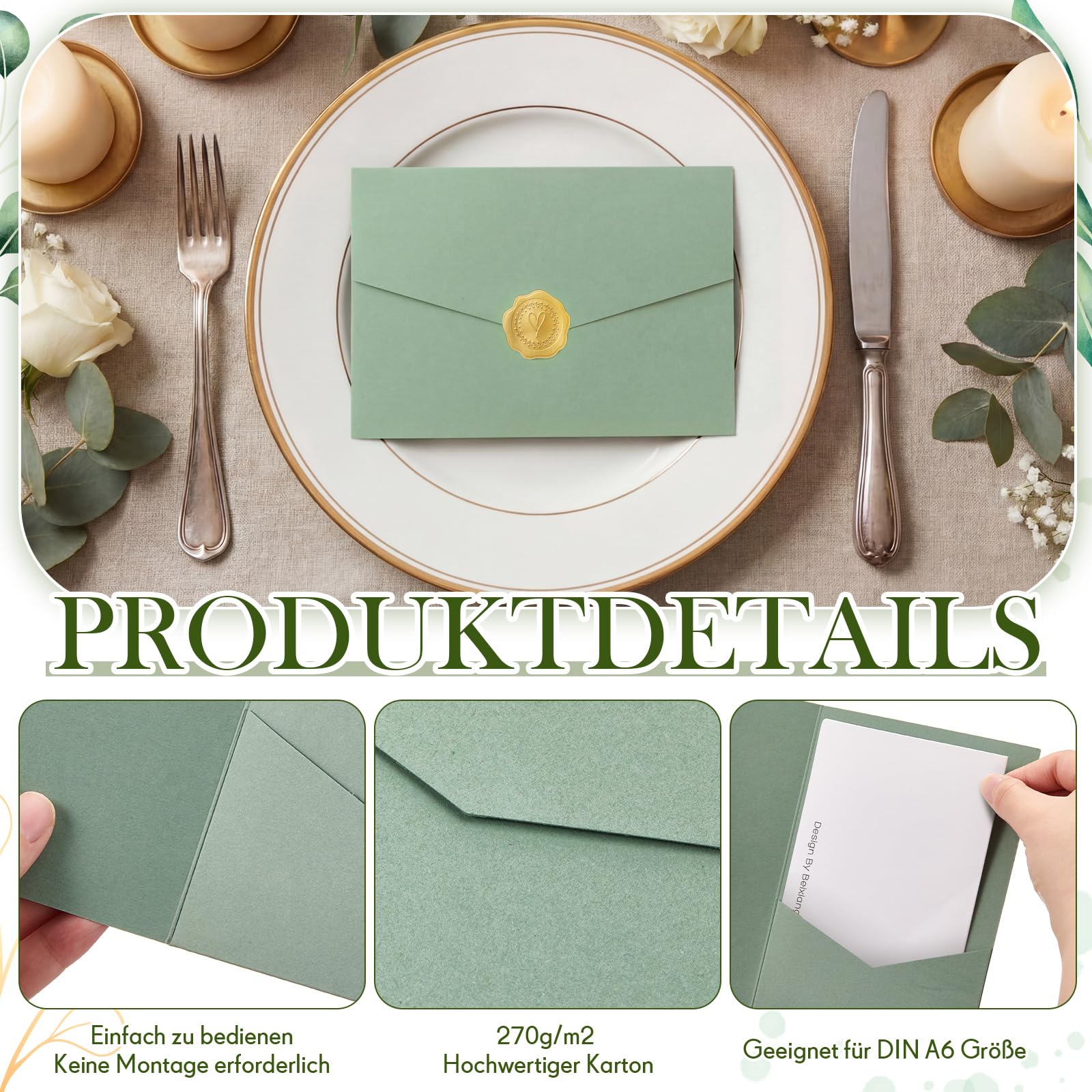 Tenare Sobres de Papel Plegables y Sellos de Cera Autoadhesivos para Sobres DIN A6 Tarjetas de Invitaciones de Boda Tarjeta de Boda de Cumpleaños(Verde Claro,50 Unidades)