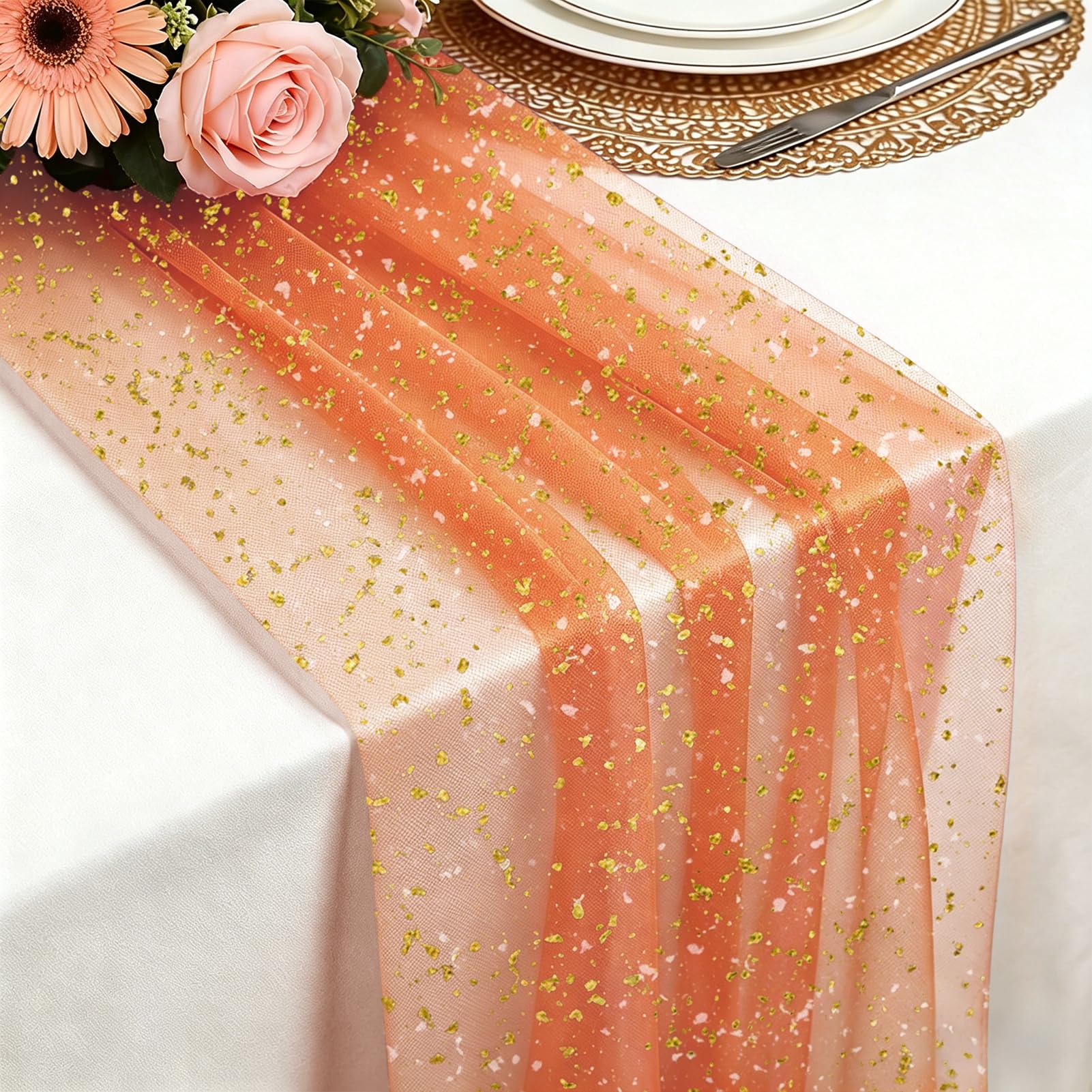 Tischläufer, 75X 300 cm Leichter und fließender Tischläufer Gaze Tüll Glitter GoldfolieTischläufer für Boho Hochzeit, Geburtstagsfeier, Weihnachten, Neujahrsparty Küche Tisch Dekoration