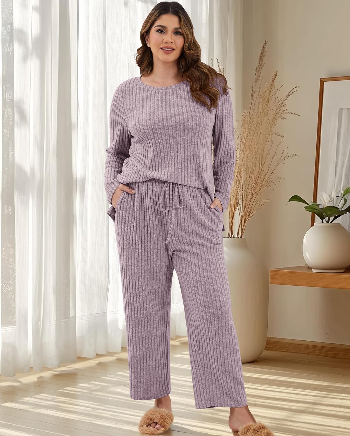 Womens Plus Size Lounge Pajamas 2 Piece Pj Sets Soft Long Sleeve Ribbed Tops Wide Leg Pants with Pockets - Image 4