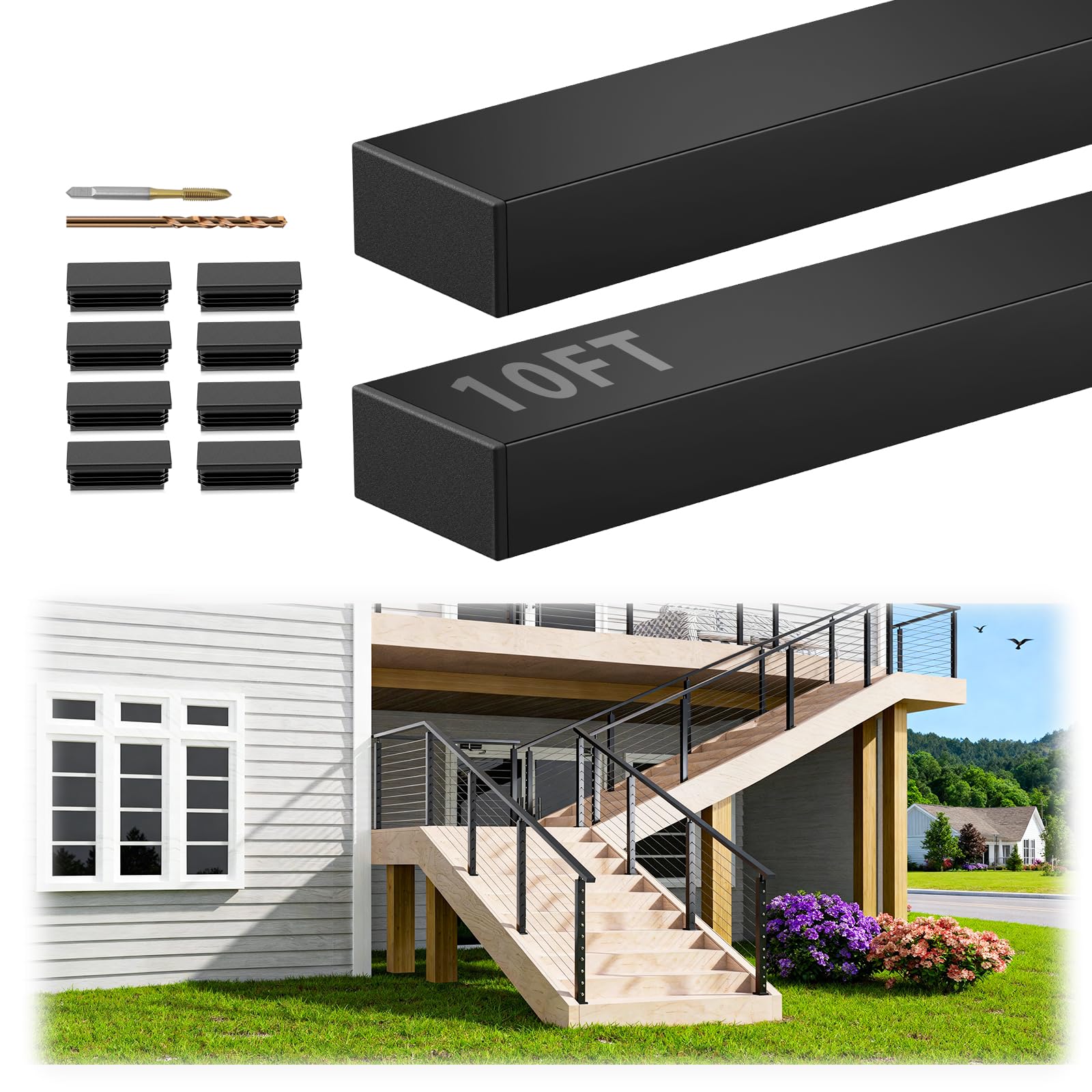 2 pack 10ft black rectangular stainless steel t304 handrail for cable railing system, flat top cable railing handrail with extra end caps for indoor outdoor length adjustable diy balustrade