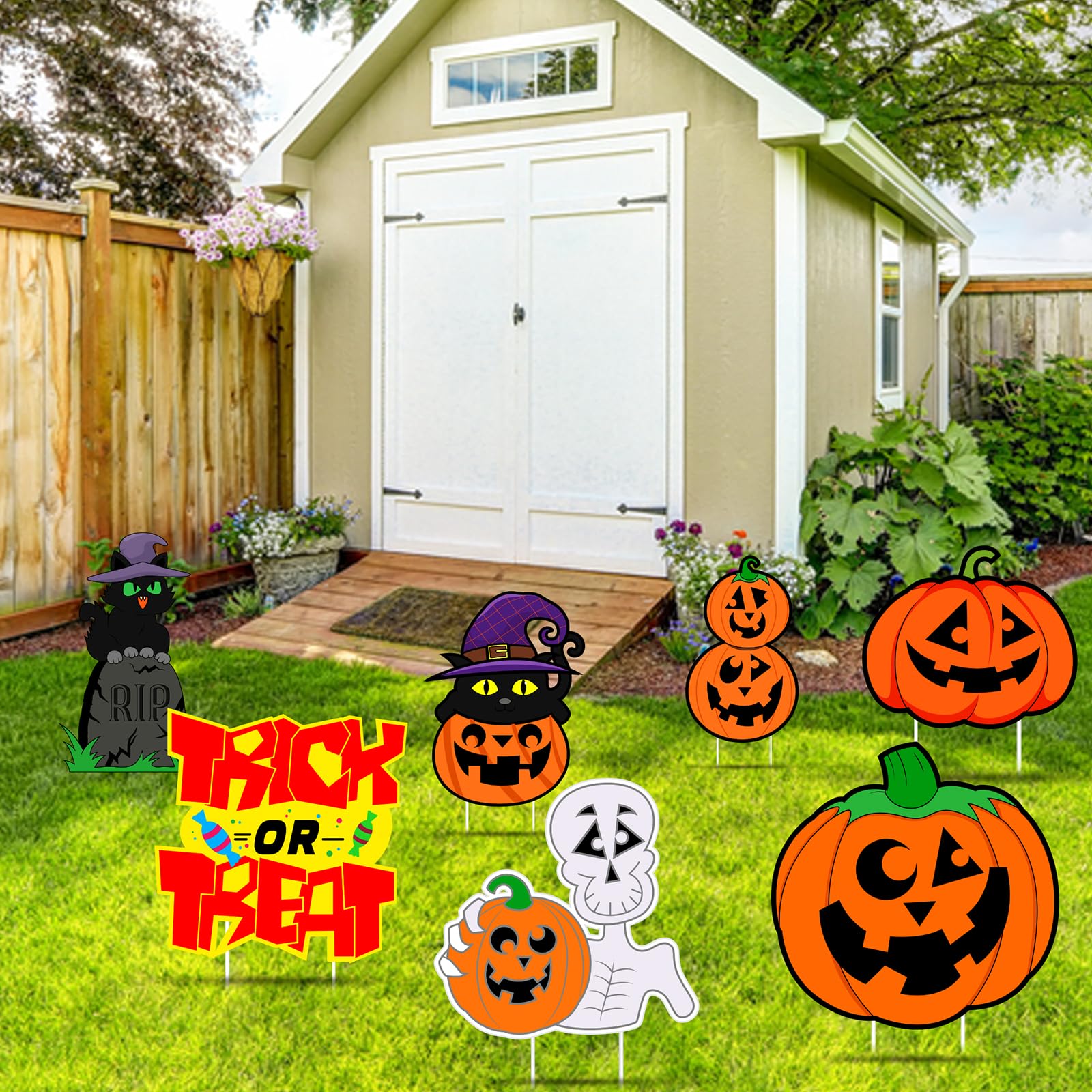 Halloween Pumpkin Decorations, Halloween Outdoor Yard Signs, Monster Stakes for Lawn Garden Decor with Pumpkin, Black Cat, Skull, TRICK OR TREAT 6 pcs