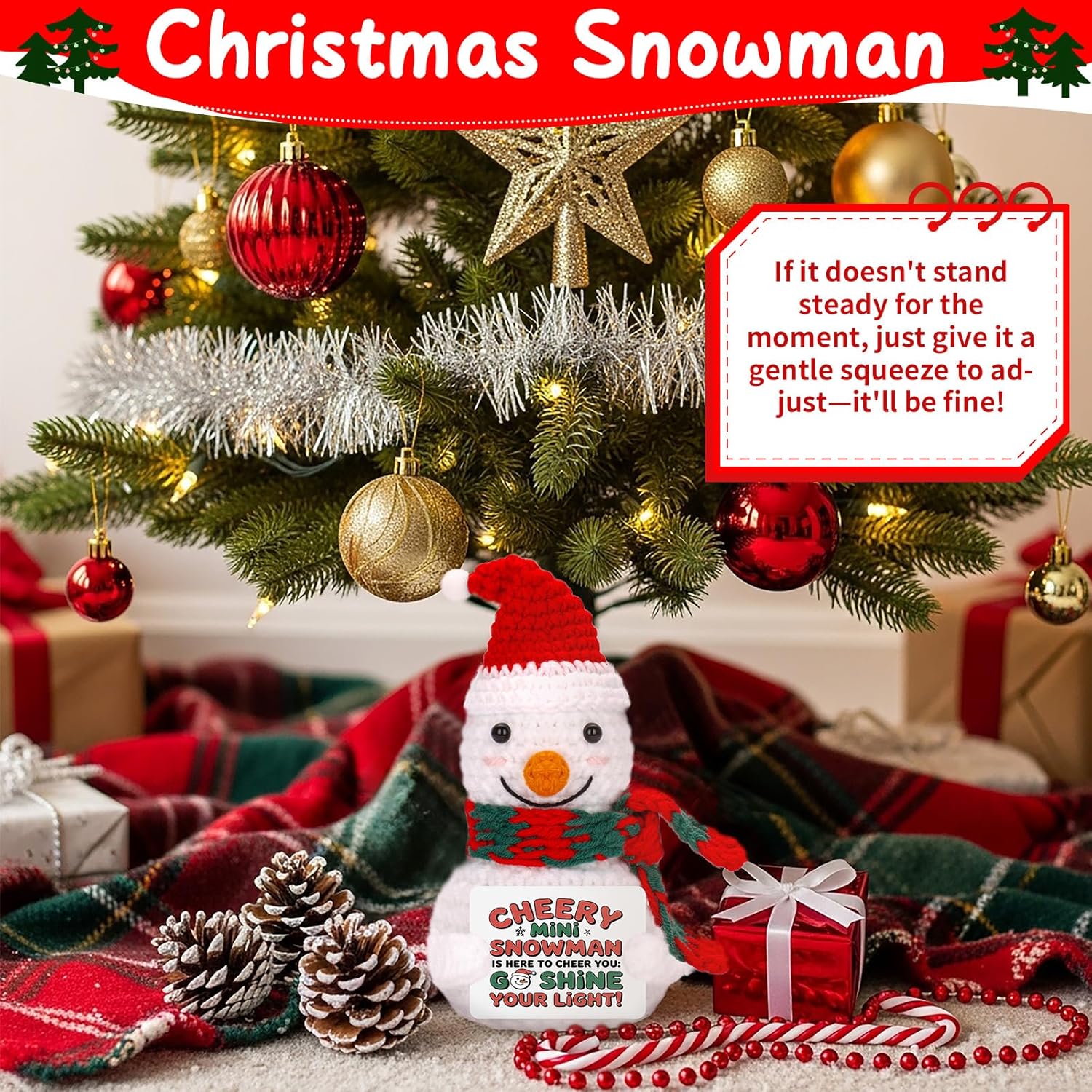 FunisFun Positive Snowman Crochet Doll, Adorable Snowman Christmas Decorations for Xmas Tree Party Favor Holiday Gift (Red) - Image 4