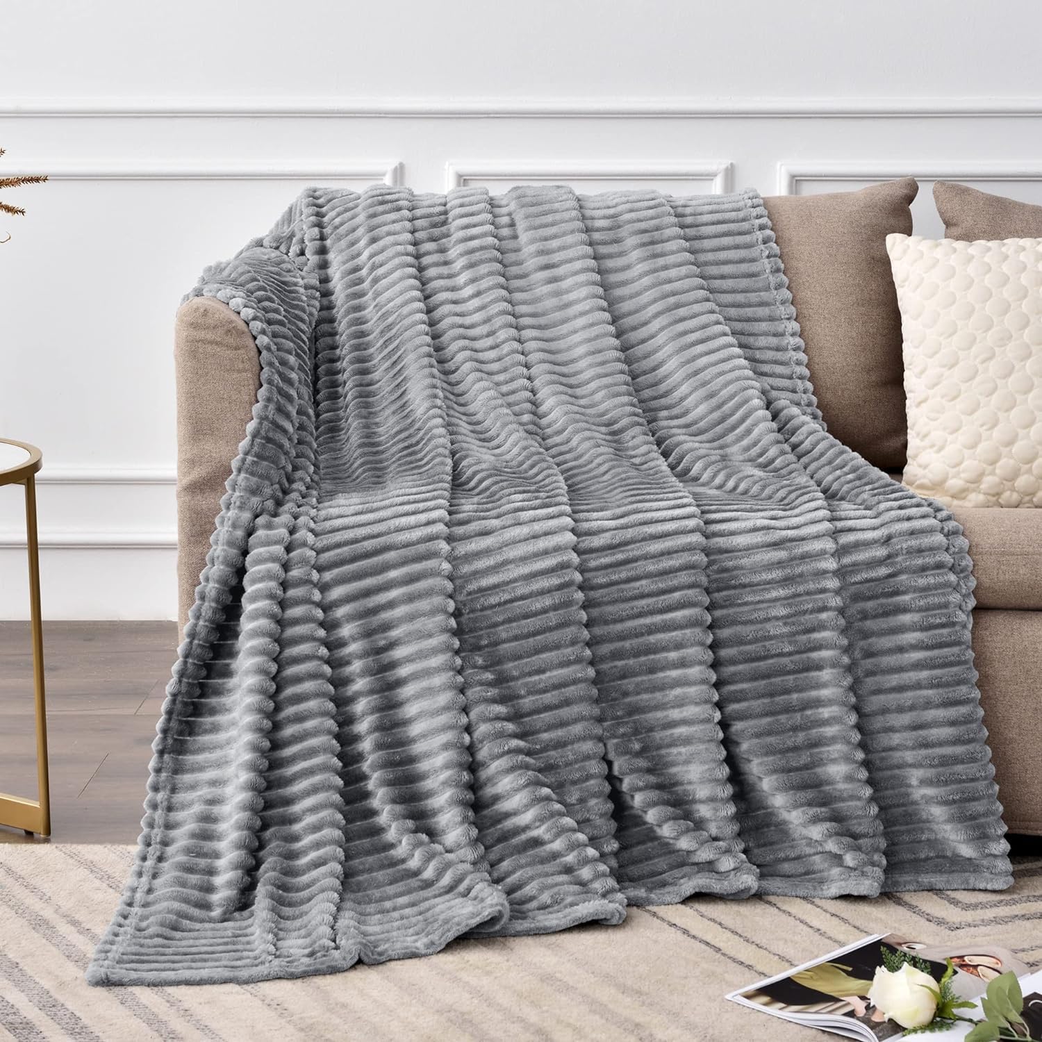 HOMES-LINEN Chunky Ribbed Cord Faux Fur Velvet Touch Thick Sofa Bed Throwover Soft touch Blanket (Charcoal, 150 x 200CM)