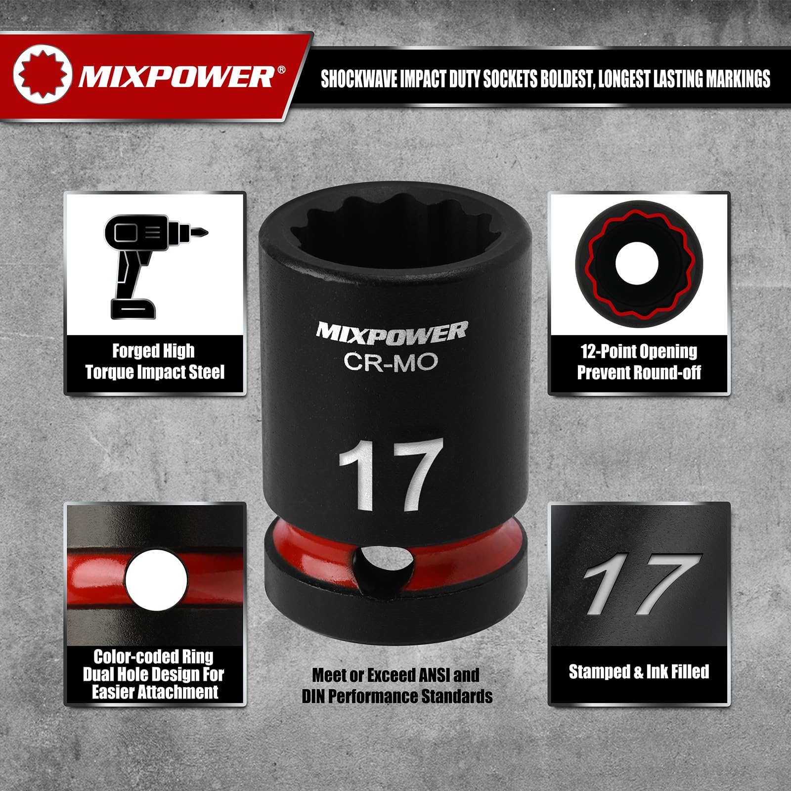 MIXPOWER Set di 26 bussole a impatto poco profondo, 12 punti, metriche, 10-36 mm, CR-MO, dado dell'asse per una facile rimozione
