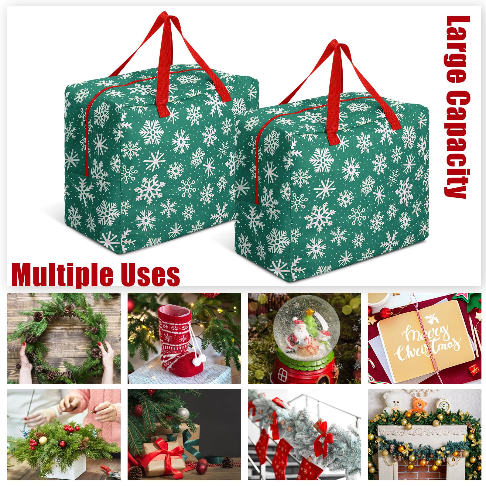 Kajaia 2 contenitori per ornamenti natalizi, 45 x 38 x 25 cm, con fiocco di neve, accessori natalizi, a prova di strappo, organizer con manici, cerniera a tutta lunghezza (verde)