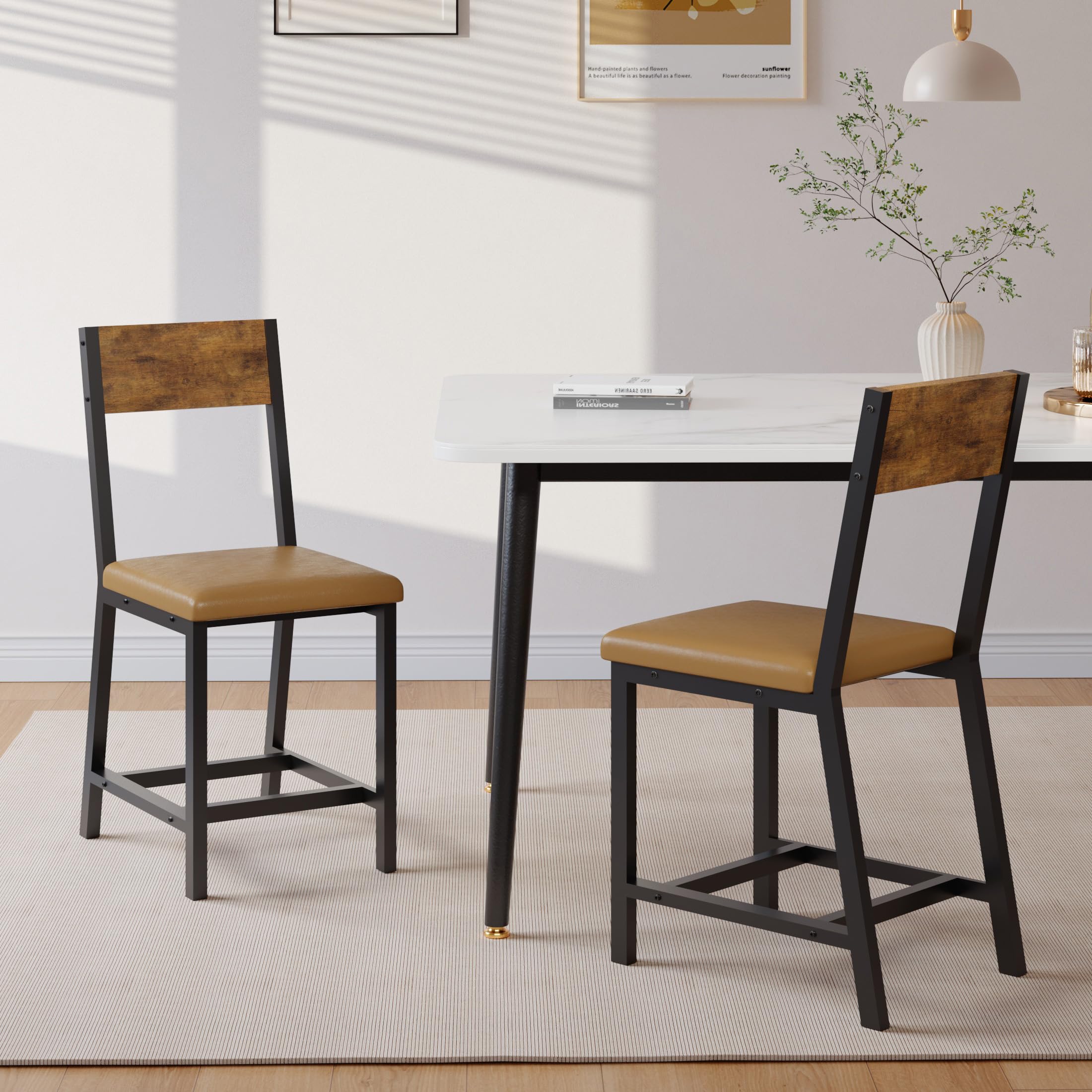 YOUDENOVA Esszimmerstühle 4er Set, Stabiles Metallgestell, Bequeme Küchenstühle mit Rückenlehne, Geeignet für Wohnzimmer, Esszimmer, Vintage-Braun, mit Polsterung, bis 150 kg Belastbar