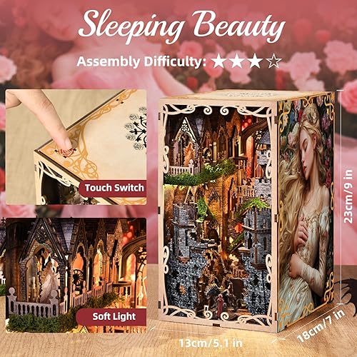 Miniatura 9 de MiniCity Kit de rincón de libros, kit de bricolaje en miniatura para casa de muñecas, rompecabezas de madera 3D, estante de libros con luz LED para