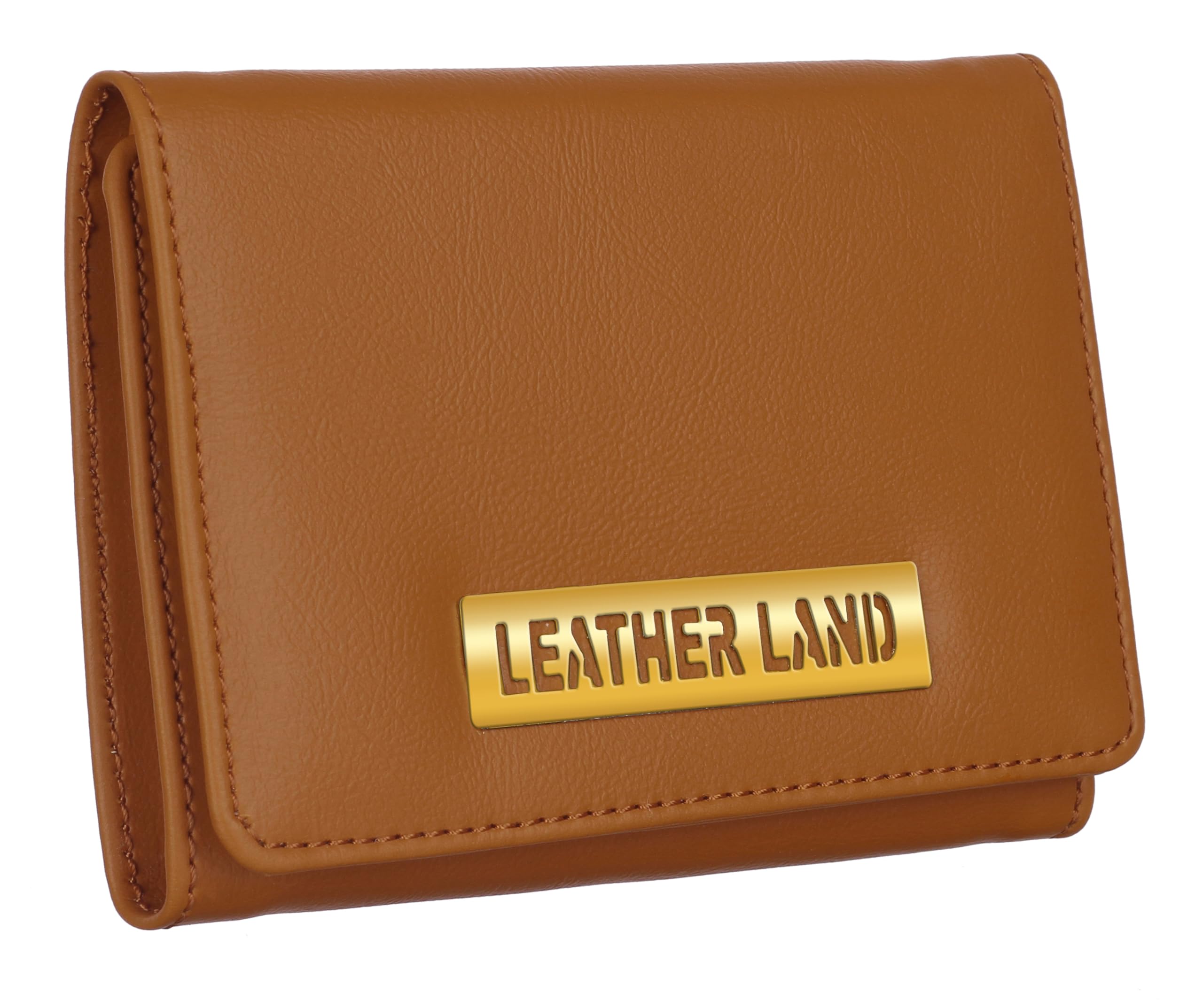 Leather Land Vegan Leather 3 FOLD Wallet for Women, 5 Card Slots, Coin Pocket, Cash Compartment, Gold Metal Logo (TAN)-image-24