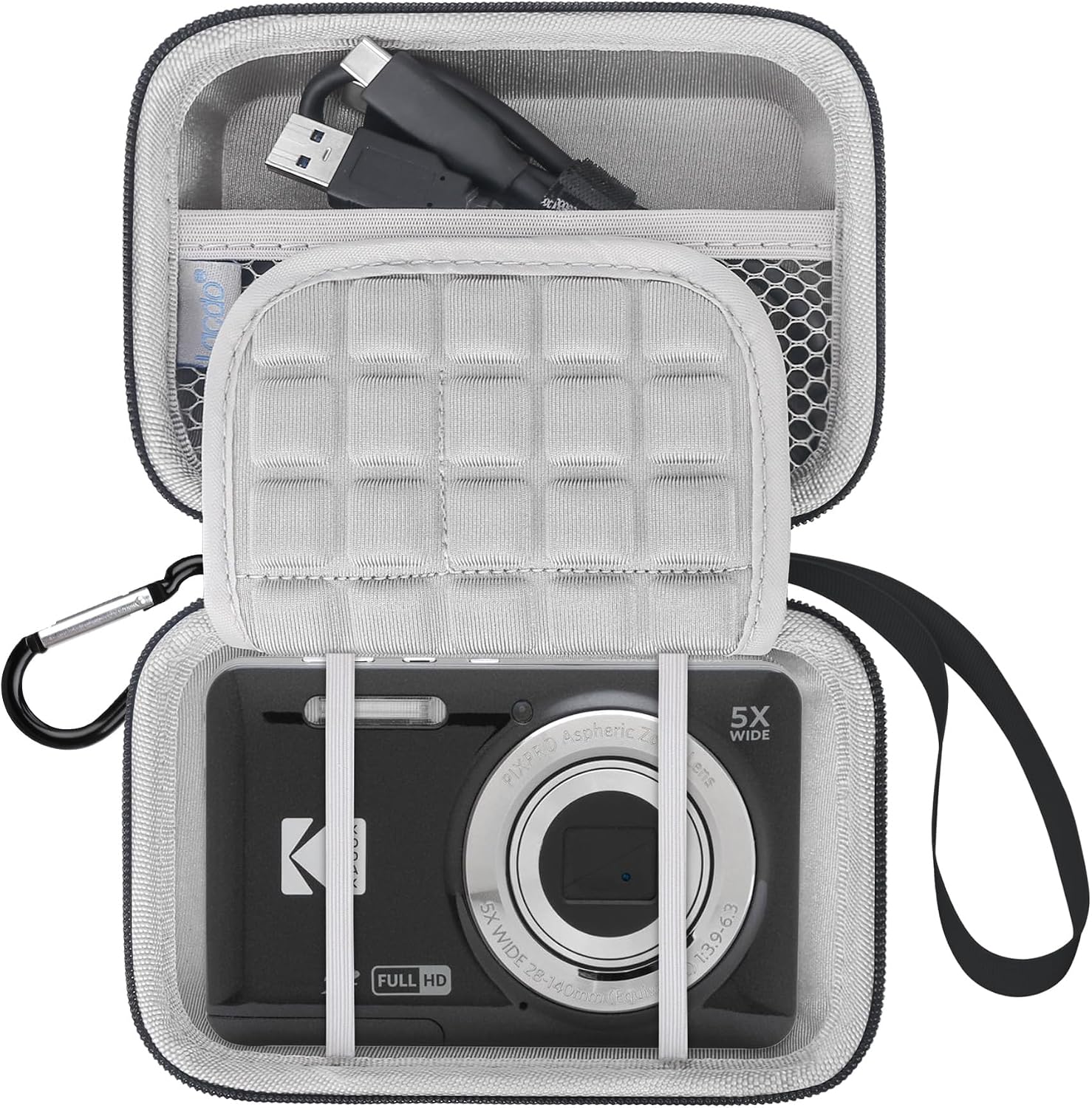 Lacdo Camera Carry Case for Kodak PIXPRO FZ55 / FZ45 / FZ53 / FZ43 16MP Digital Camera Video Vlogging Camera Storage Trave Bag Mesh Bag Suitable for Batteries Cables Black + Grey
