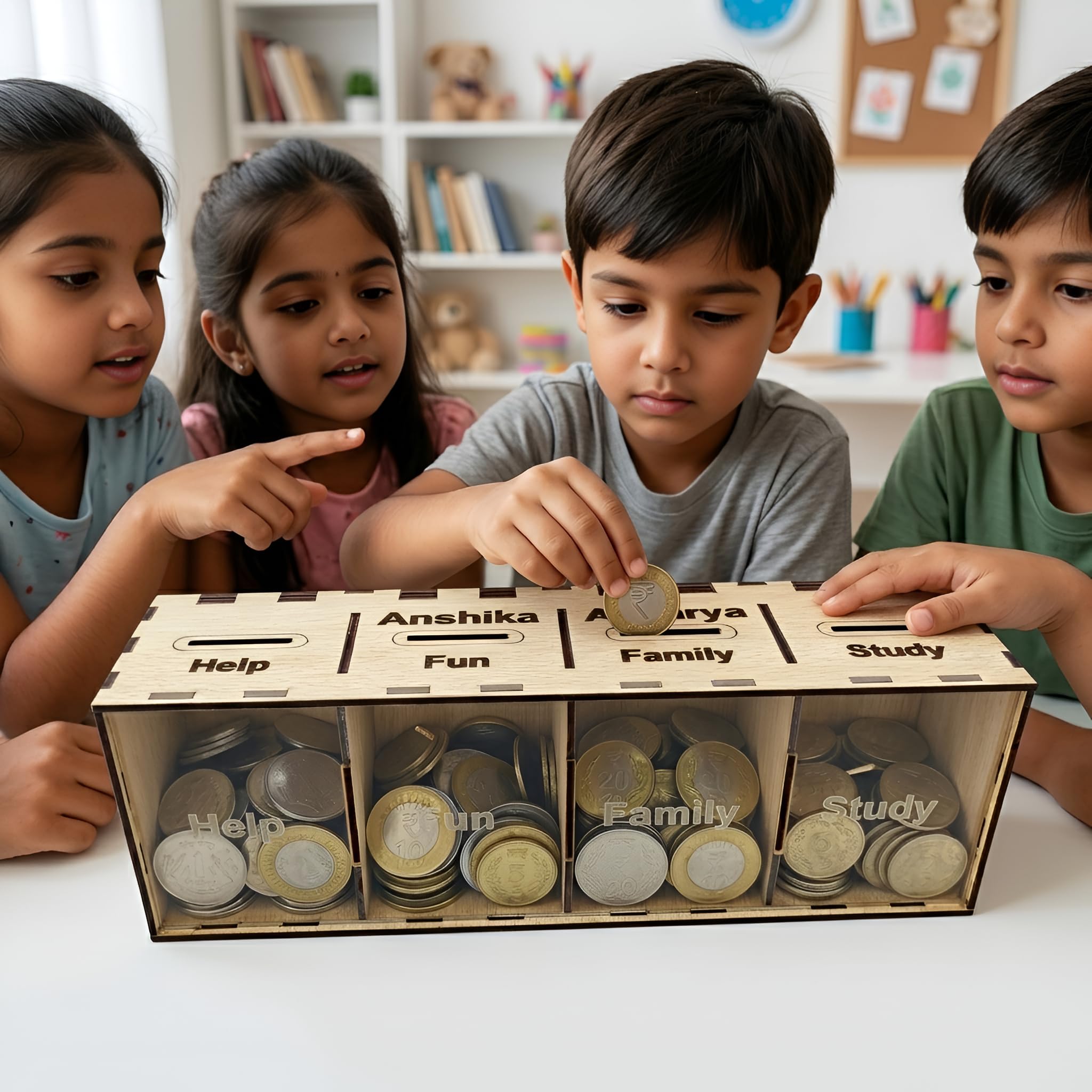 Premium Wooden Coin Box for Kids Piggy Bank with 4 Personalised Section for Smart Money Habits (28x9.5x7.5 CM, Beige)-image-15