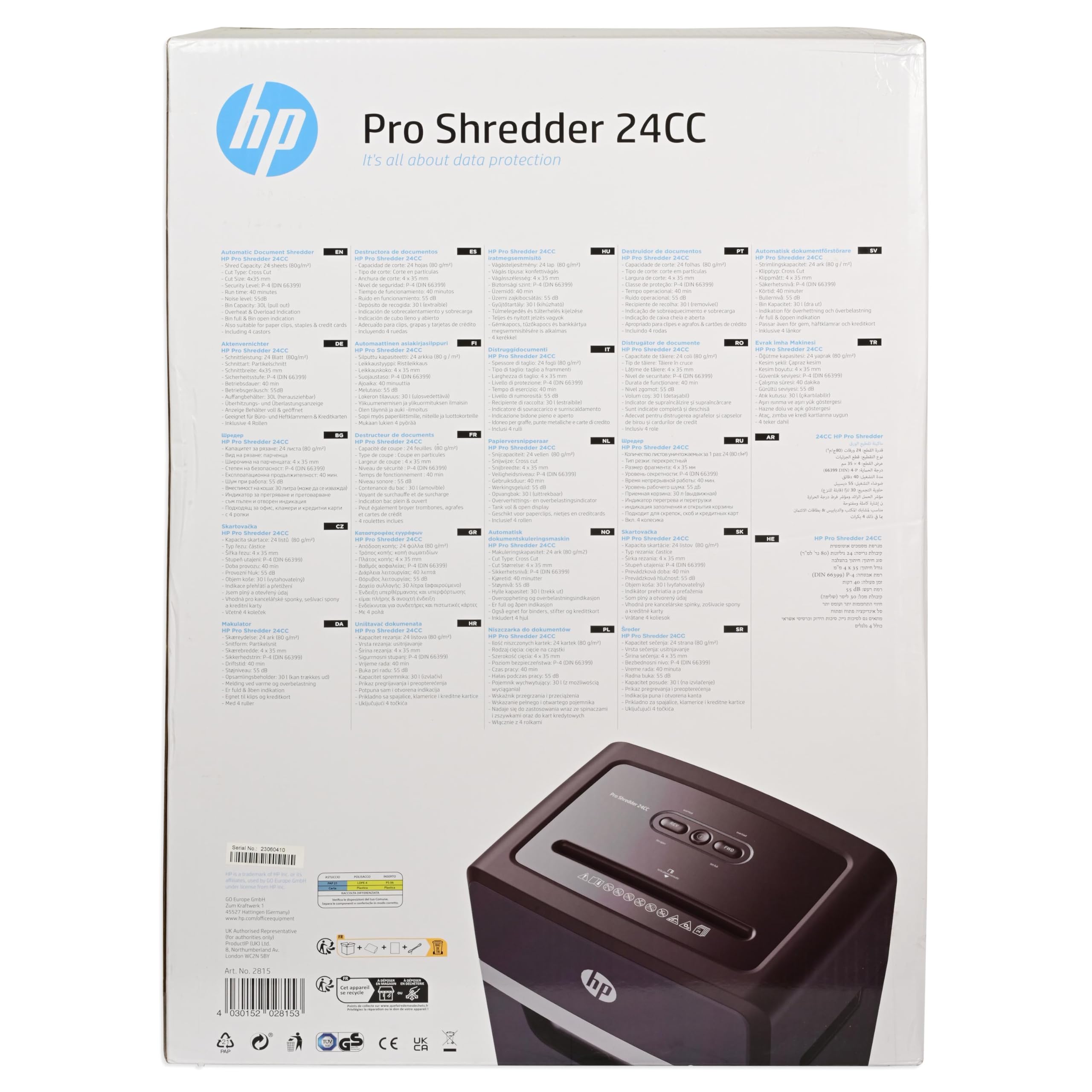 HP - Distruggi documenti ProShred 24CC, Taglio Croce, 25 litri, nero