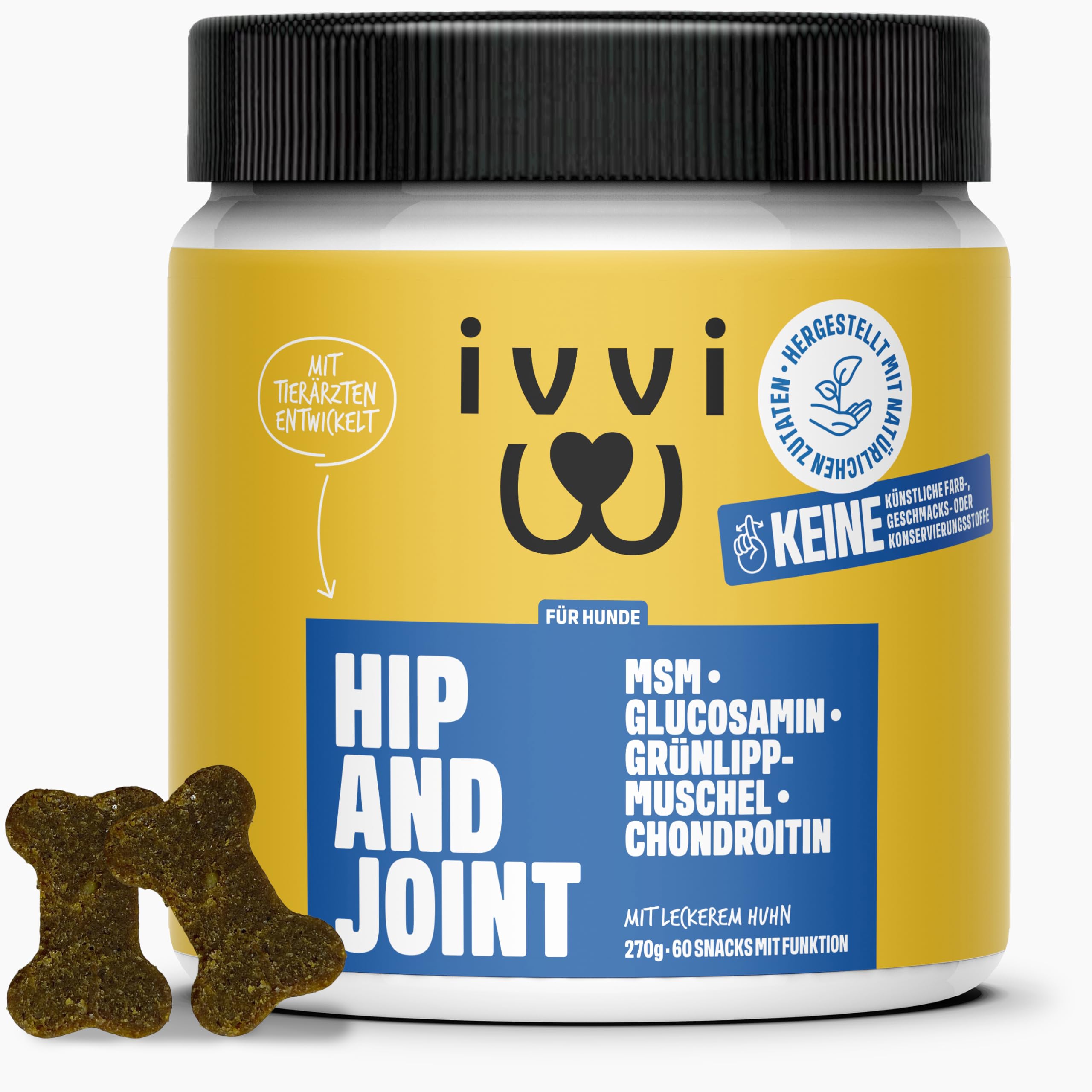 ivvi Hip & Joint tabletki na stawy dla psów z glukozaminą, chondroityną i MSM – 60 przekąsek (270 g)