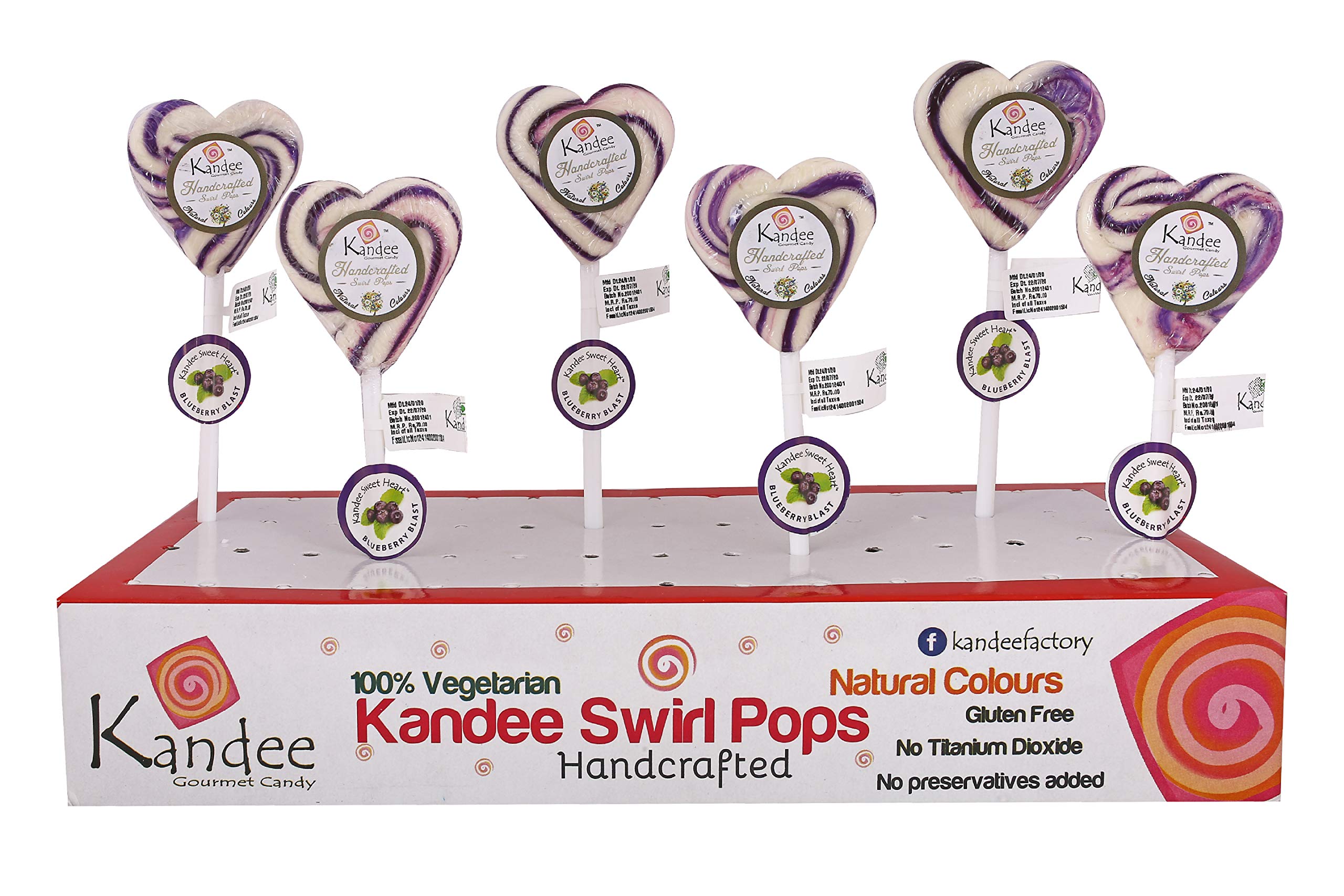 Kandee Gourmet Heart Shape Swirl Pops (Pack of 6 pcs) | Delicious Blueberry Flavor | Candy/Lollipops | Vegetarian With No Artificial Colors | No Added Preservatives | Candee For Kids